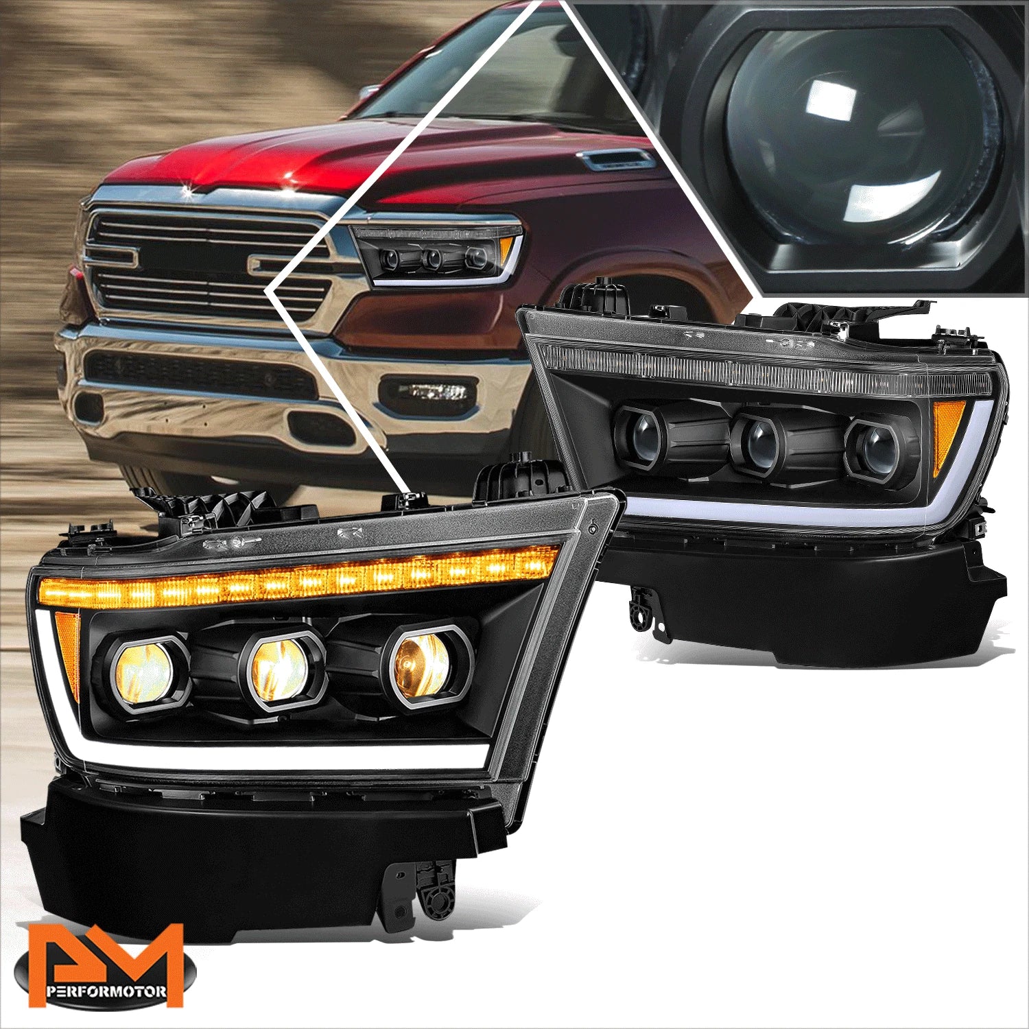 LED DRL Projector Sequential Signal Headlights for Ram 1500 (2019–2024)