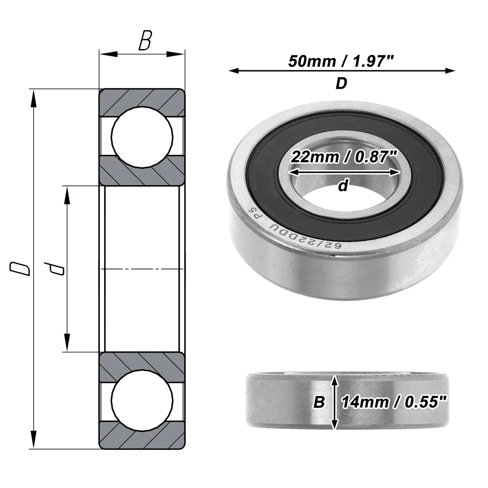 1 Pc 62/22DDU Deep Groove Ball Bearing for Scooter Skateboard (P5)