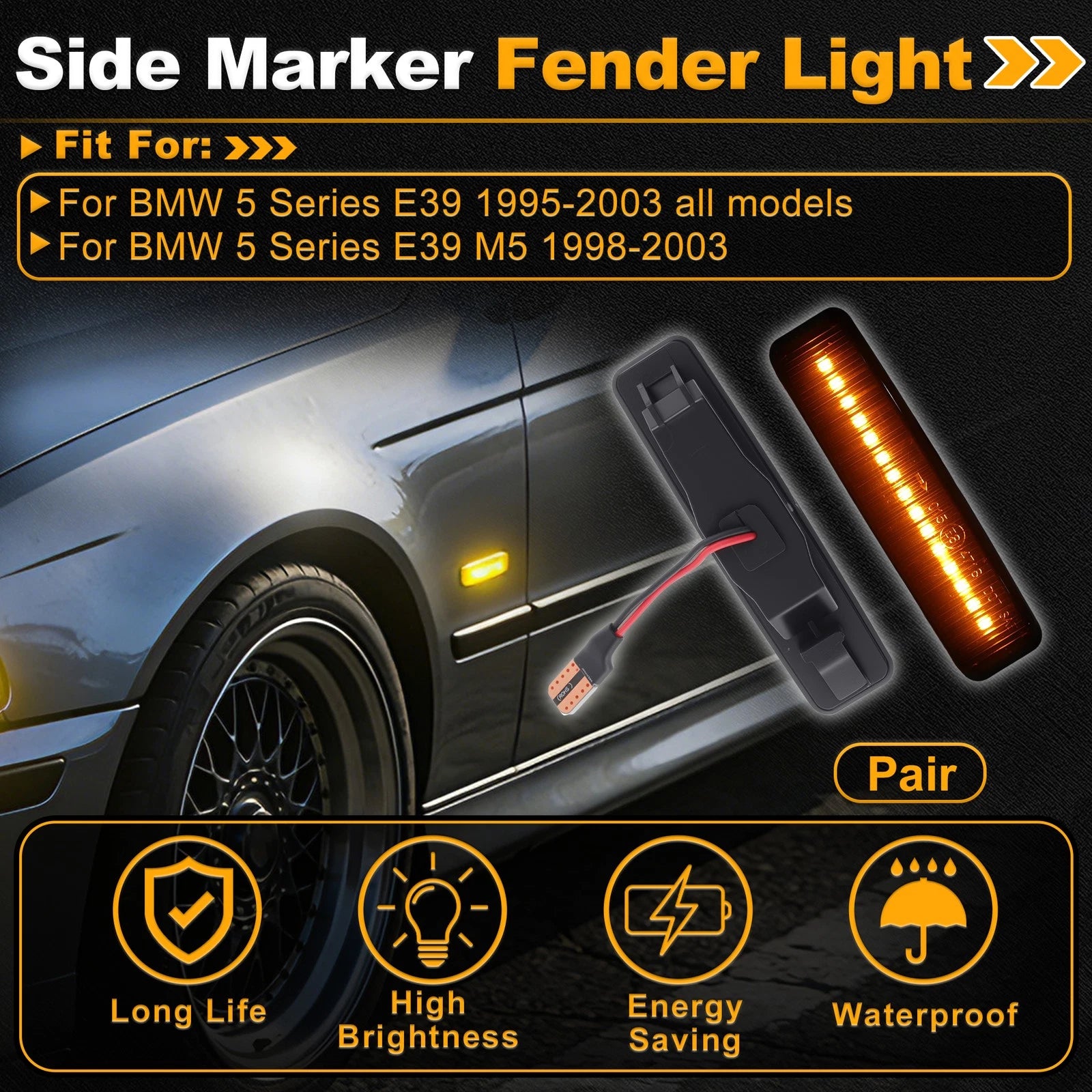 Side Marker Fender Light for BMW 5 Series E39 (1995–2003) Smoky Black Lens 1 Pair