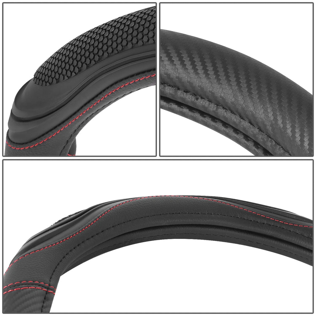 Steering Wheel Cover Carbon Fiber Pattern Red Stitching 15" for Universal Fit