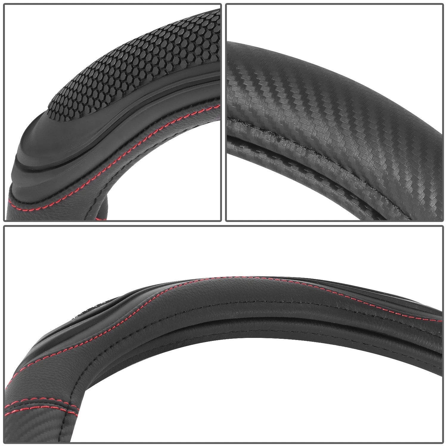 Steering Wheel Cover Carbon Fiber Pattern Red Stitching 15" for Universal Fit