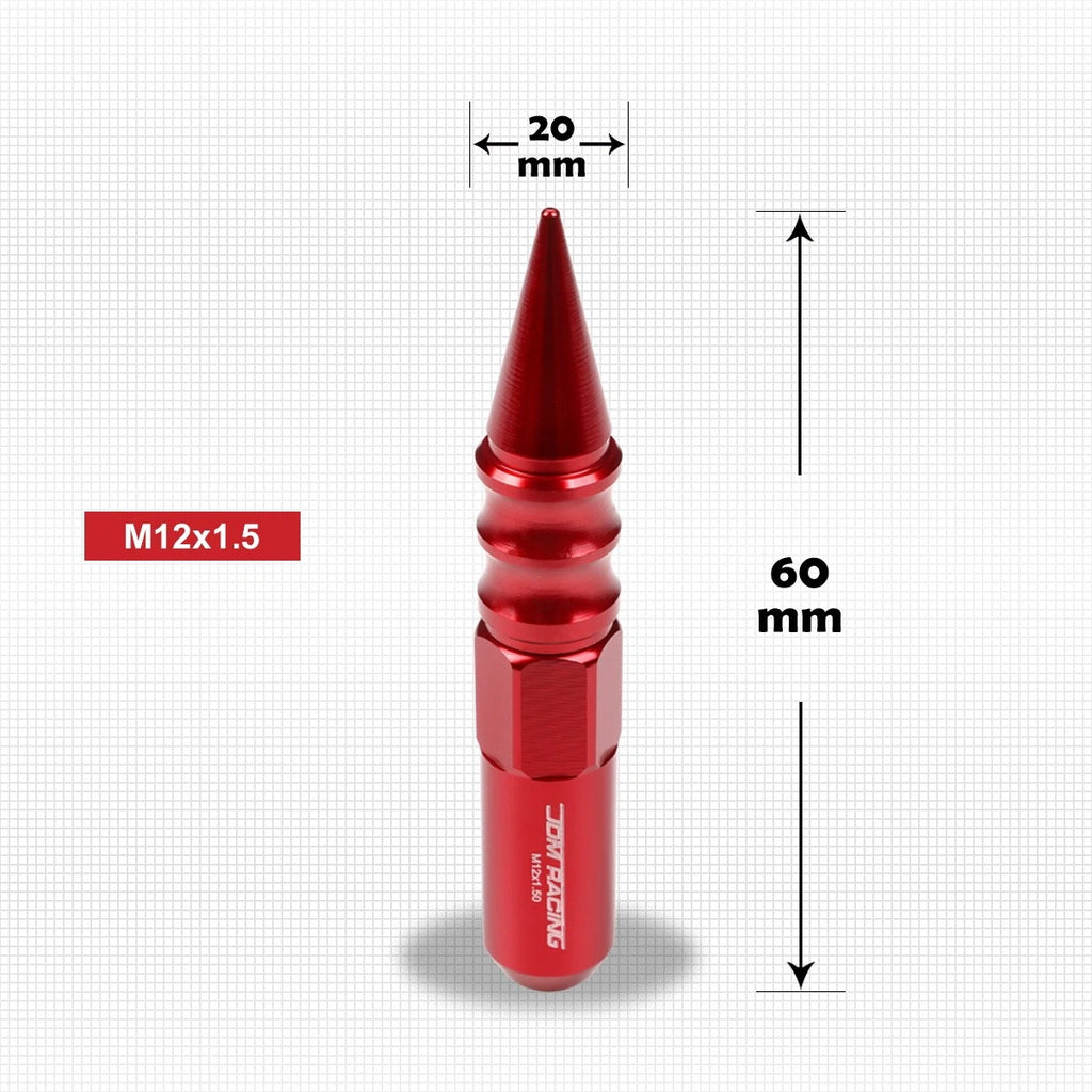 Set of 20 M12X1.5 Red JDM Spiked Hex Wheel Lug Nuts + 20mm Extension