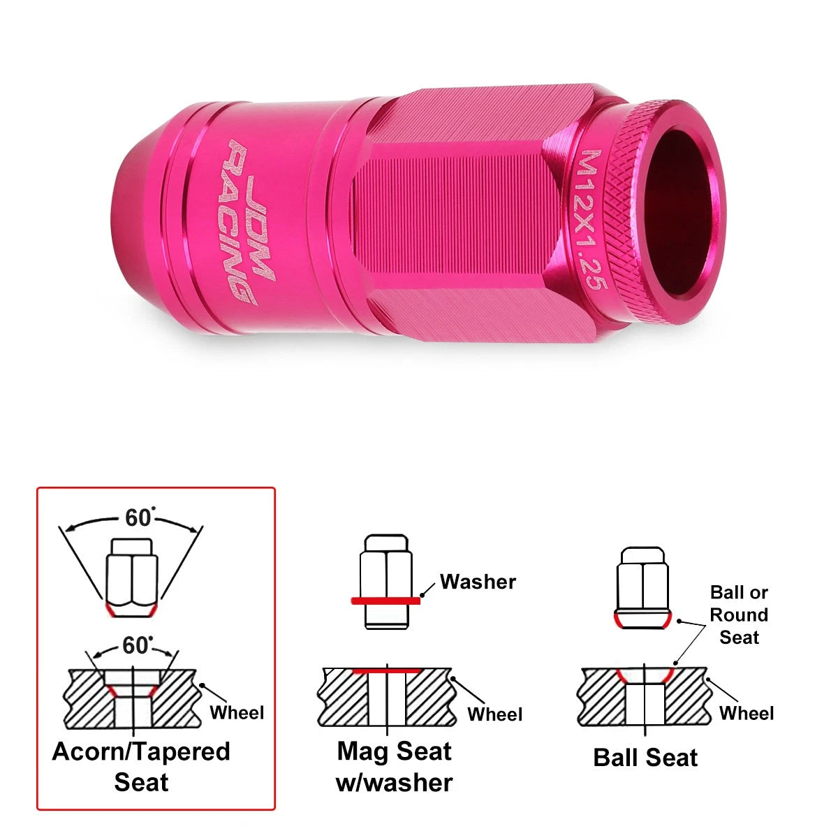 Set of 20 M12X1.25 Pink JDM Open End Cone Wheel Lug Nuts + Spline Locks + Key