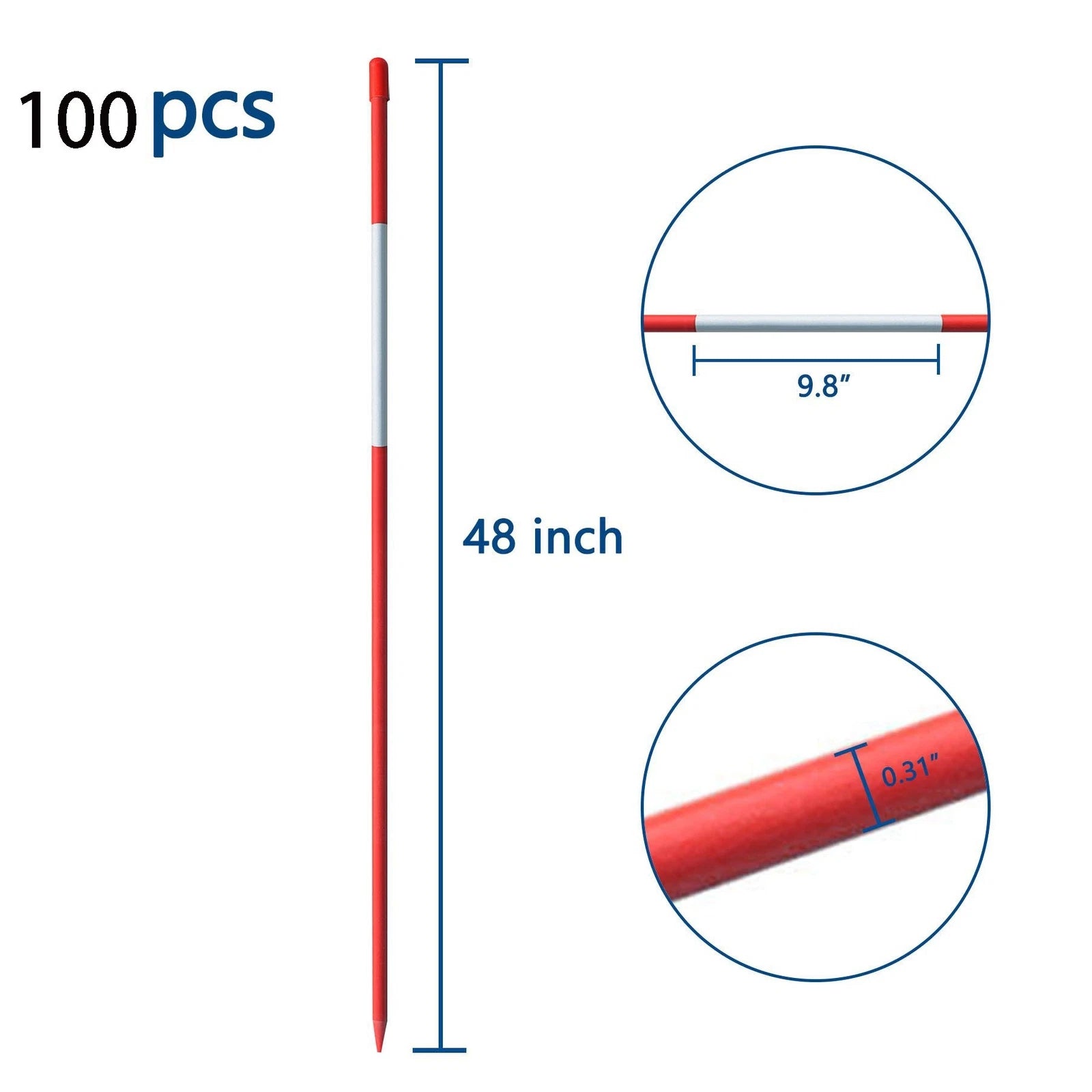 Set of 100 Reflective Snow Plow Stakes for Driveway Markers