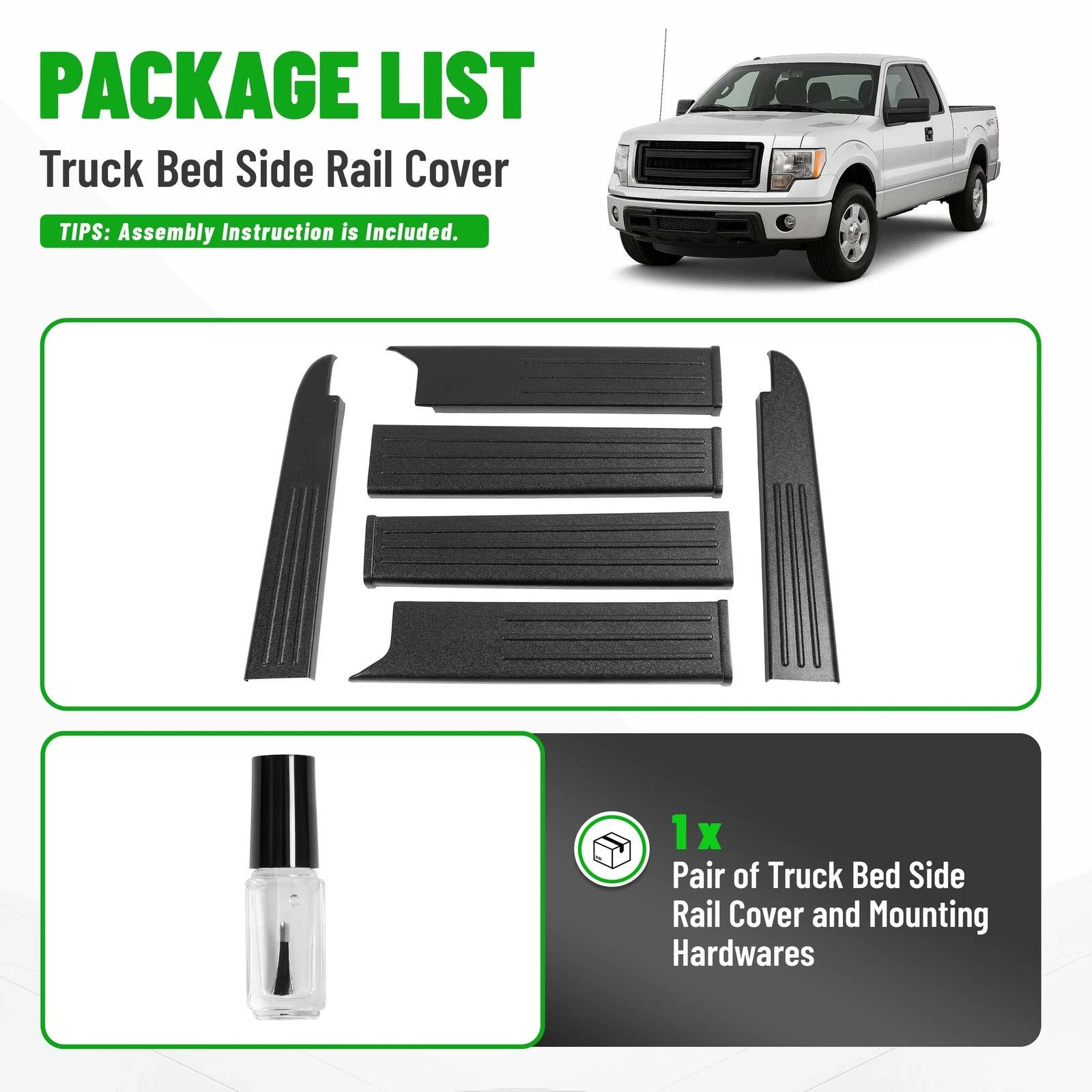 Set of 2 Truck Bed Side Rail Cap Covers for Ford F-150 (2009–2014)