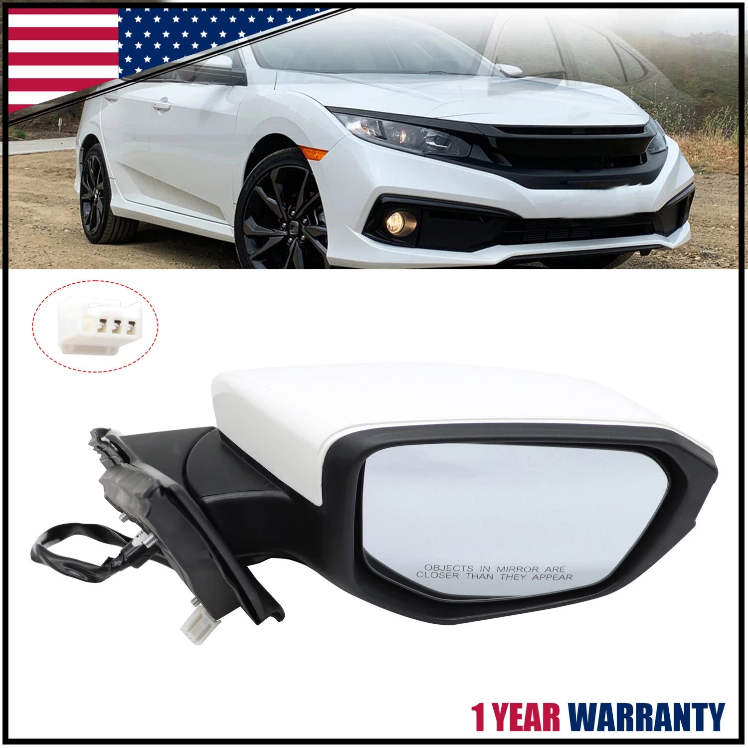 Right Side Mirror for Honda Civic (2016–2020) Power Glass White