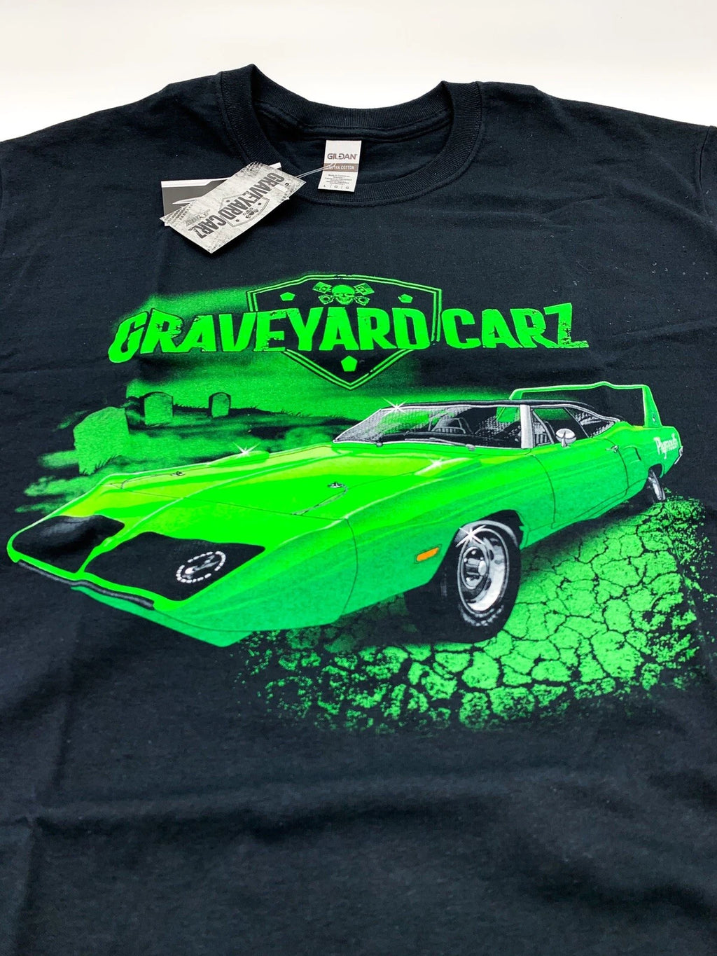 Licensed T Shirt for Plymouth Superbird Restored Black with Green (Road)