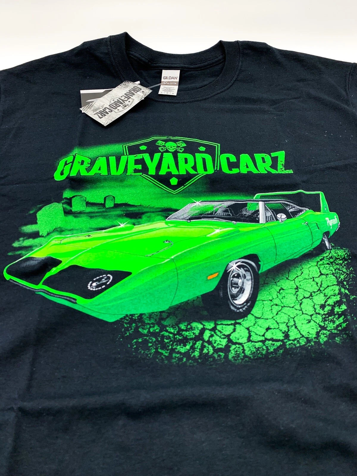 Licensed T Shirt for Plymouth Superbird Restored Black with Green (Road)