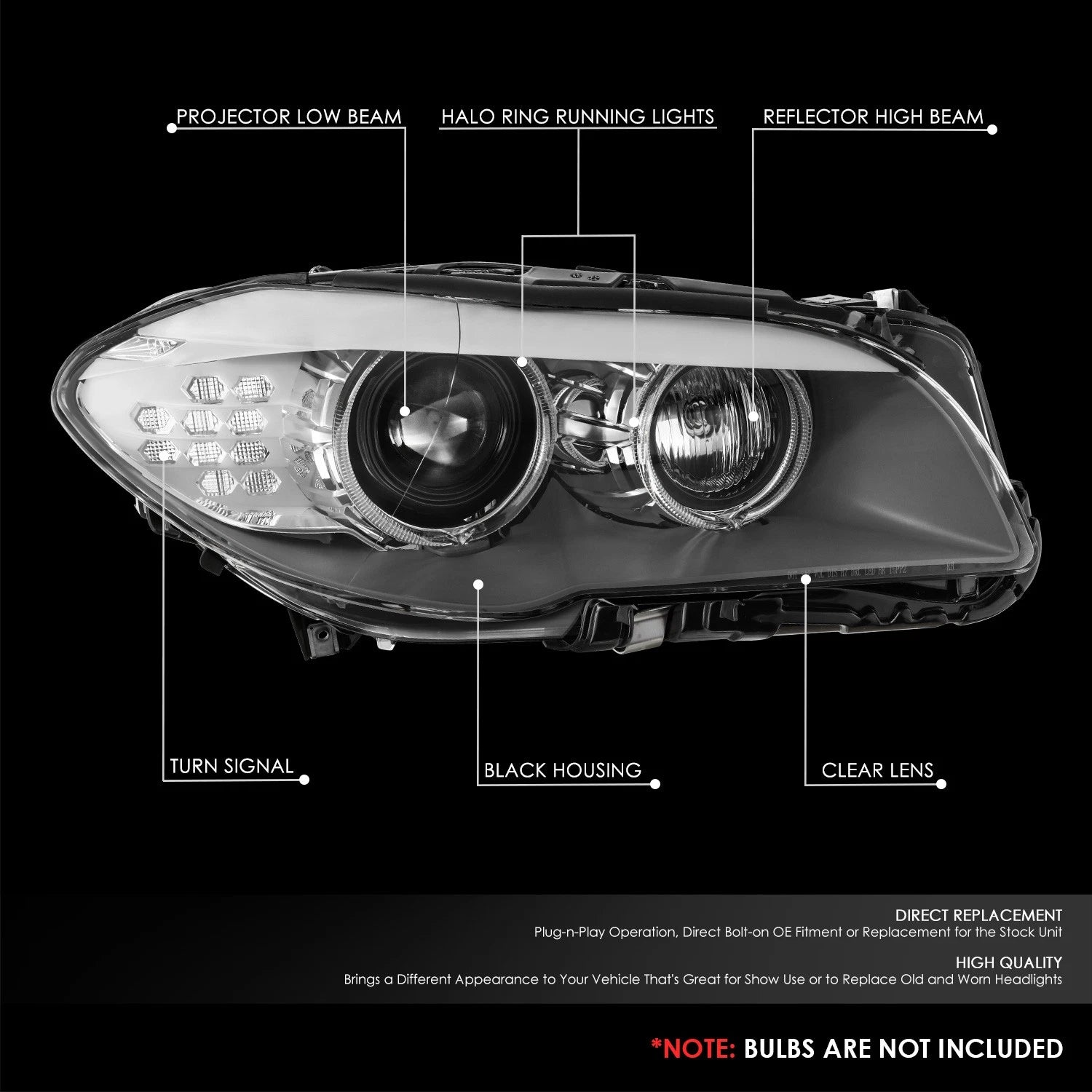 Passenger Right Projector Headlight for BMW 528i 535i 550i M5 (2011–2013)