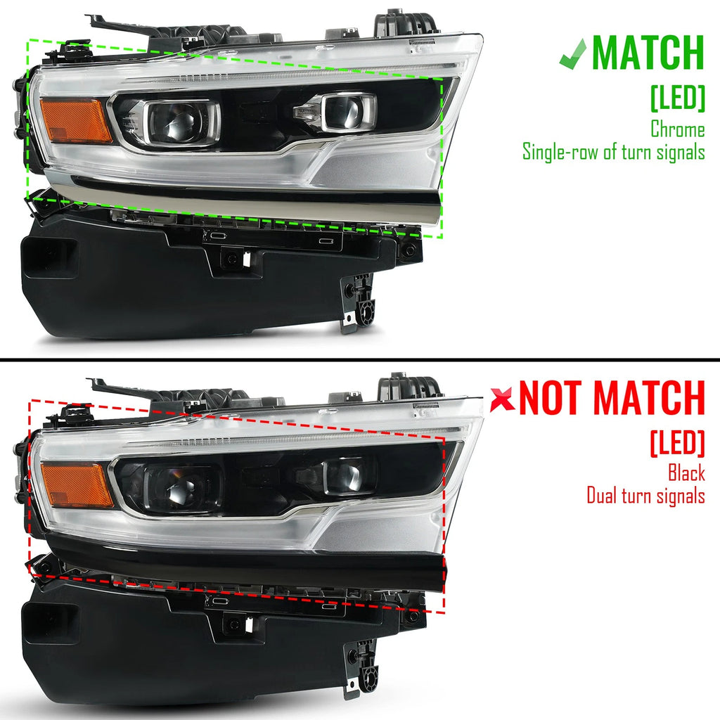 Set of 2 Full LED Projector Headlights for Ram 1500 (2019–2024) AFS Chrome