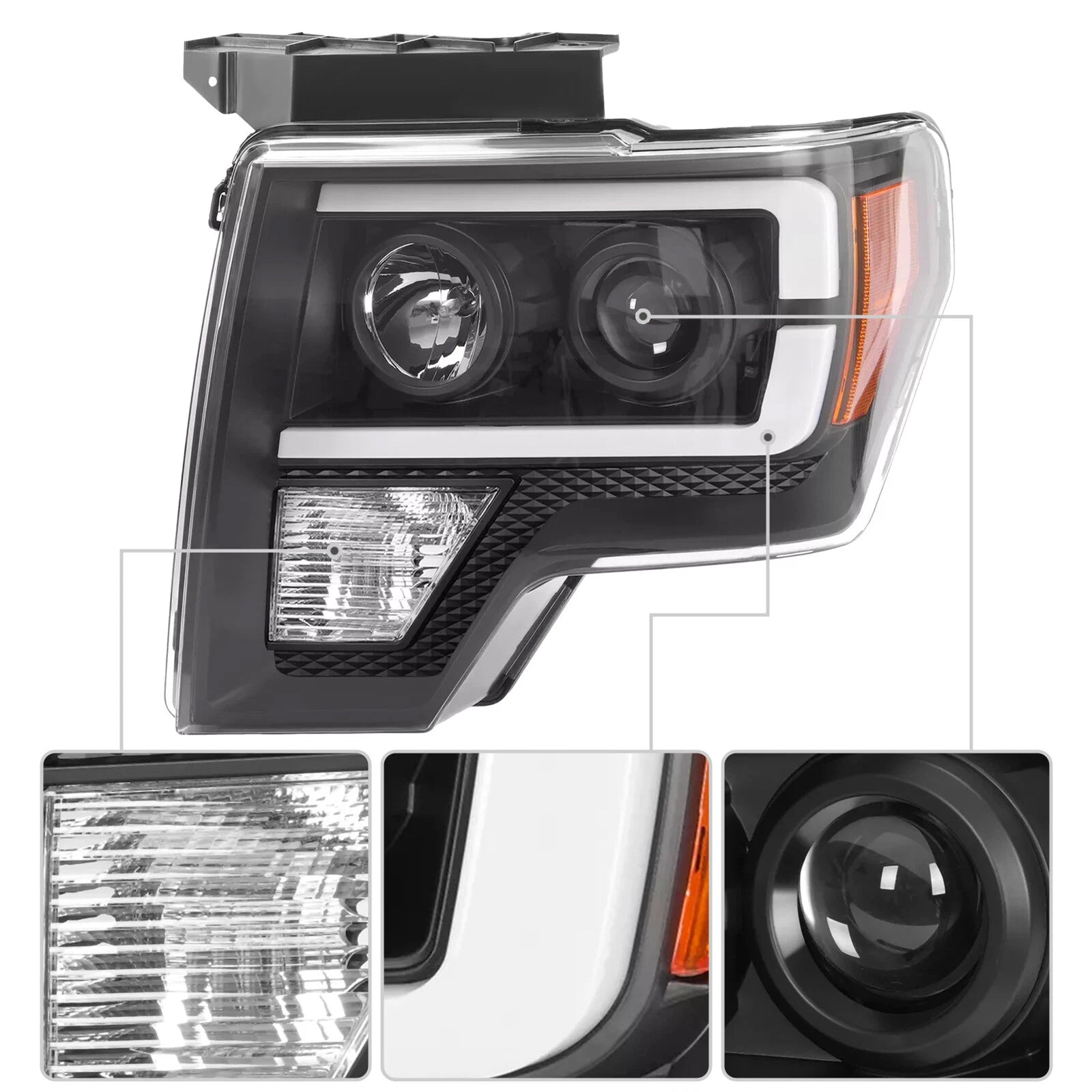 Pair Black Projector Headlights with LED DRL for Ford F150 (2009-2014)
