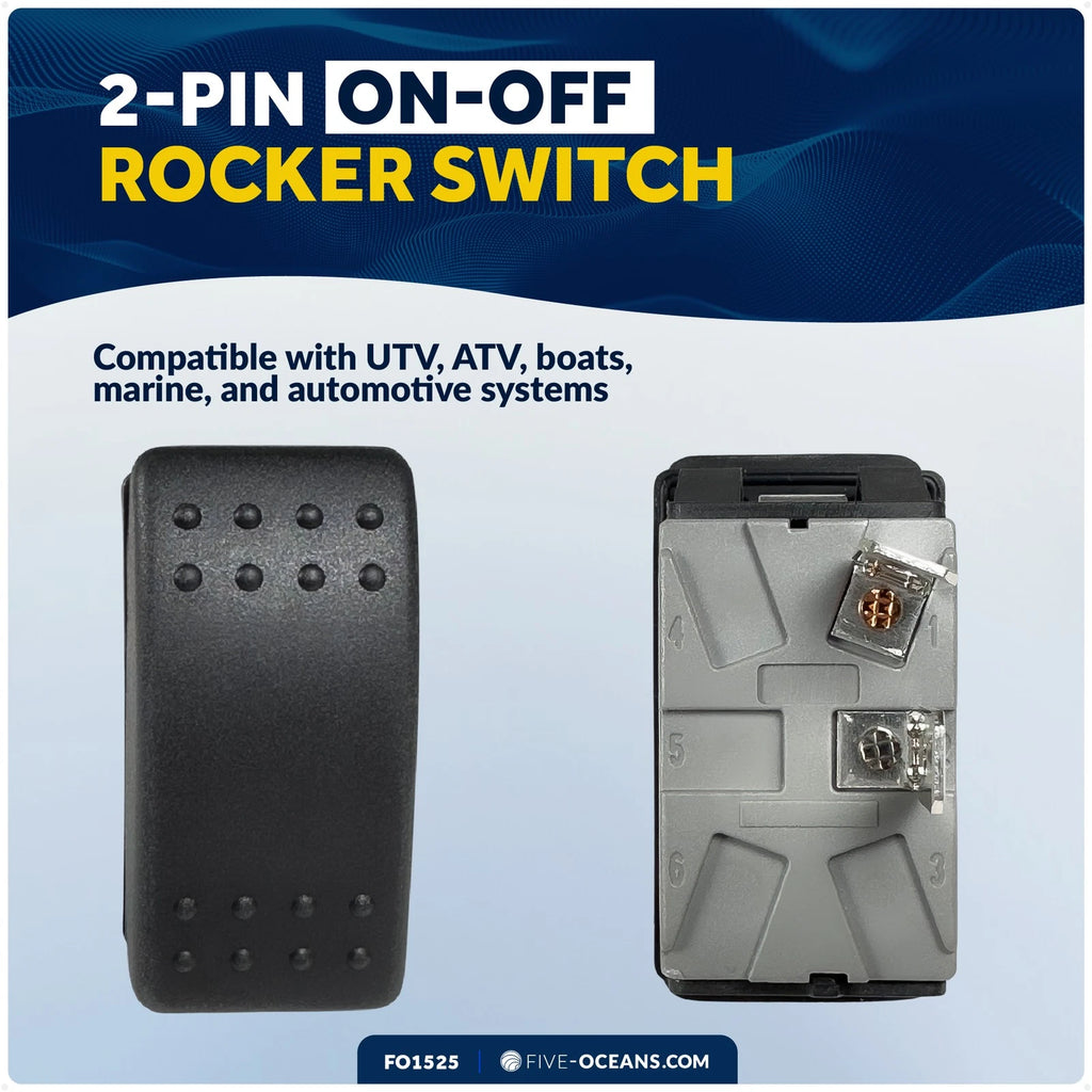 2-Pin On-Off Rocker Switch 25A/12V DC, 15A/24V DC, SPST, IP66 Waterproof