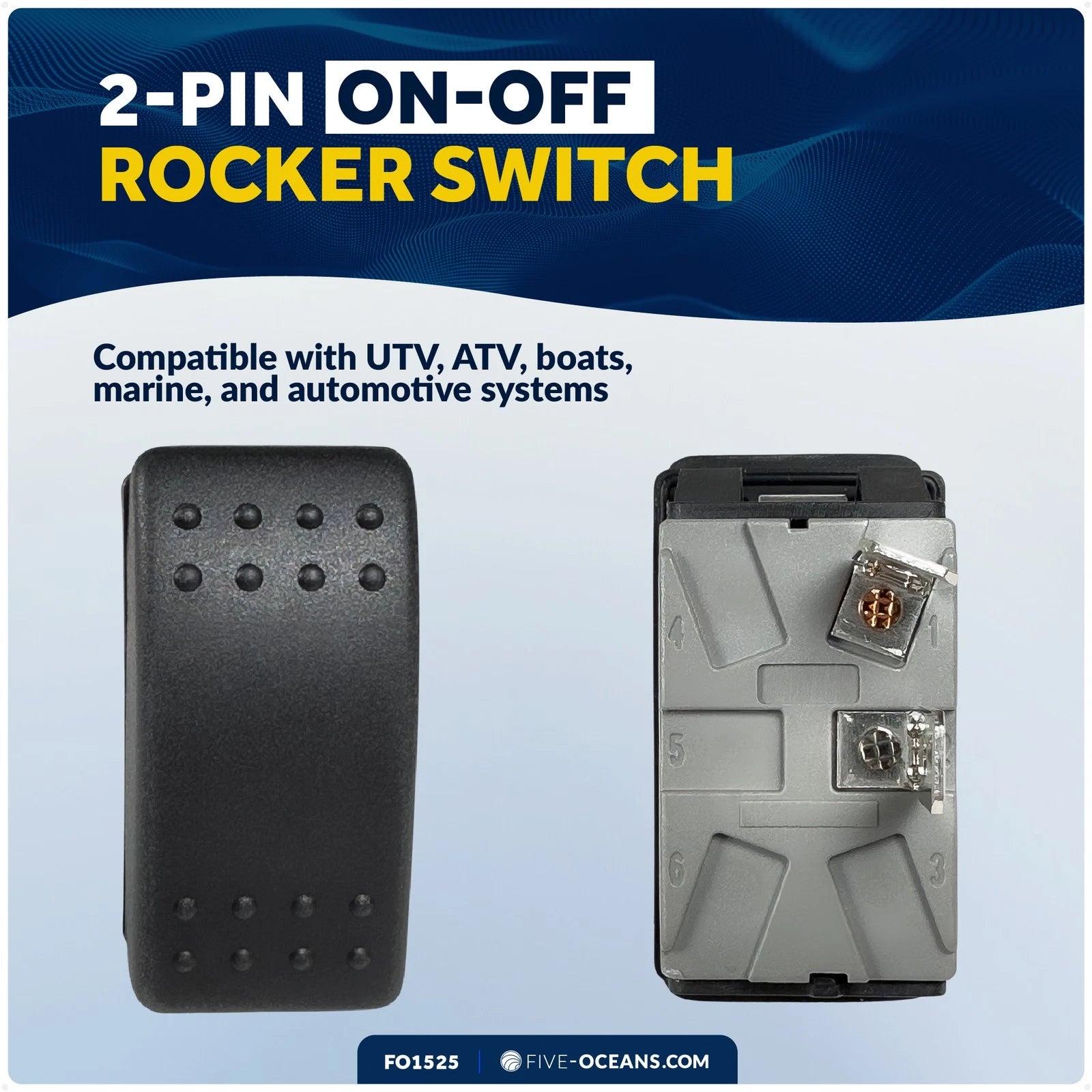 2-Pin On-Off Rocker Switch 25A/12V DC, 15A/24V DC, SPST, IP66 Waterproof