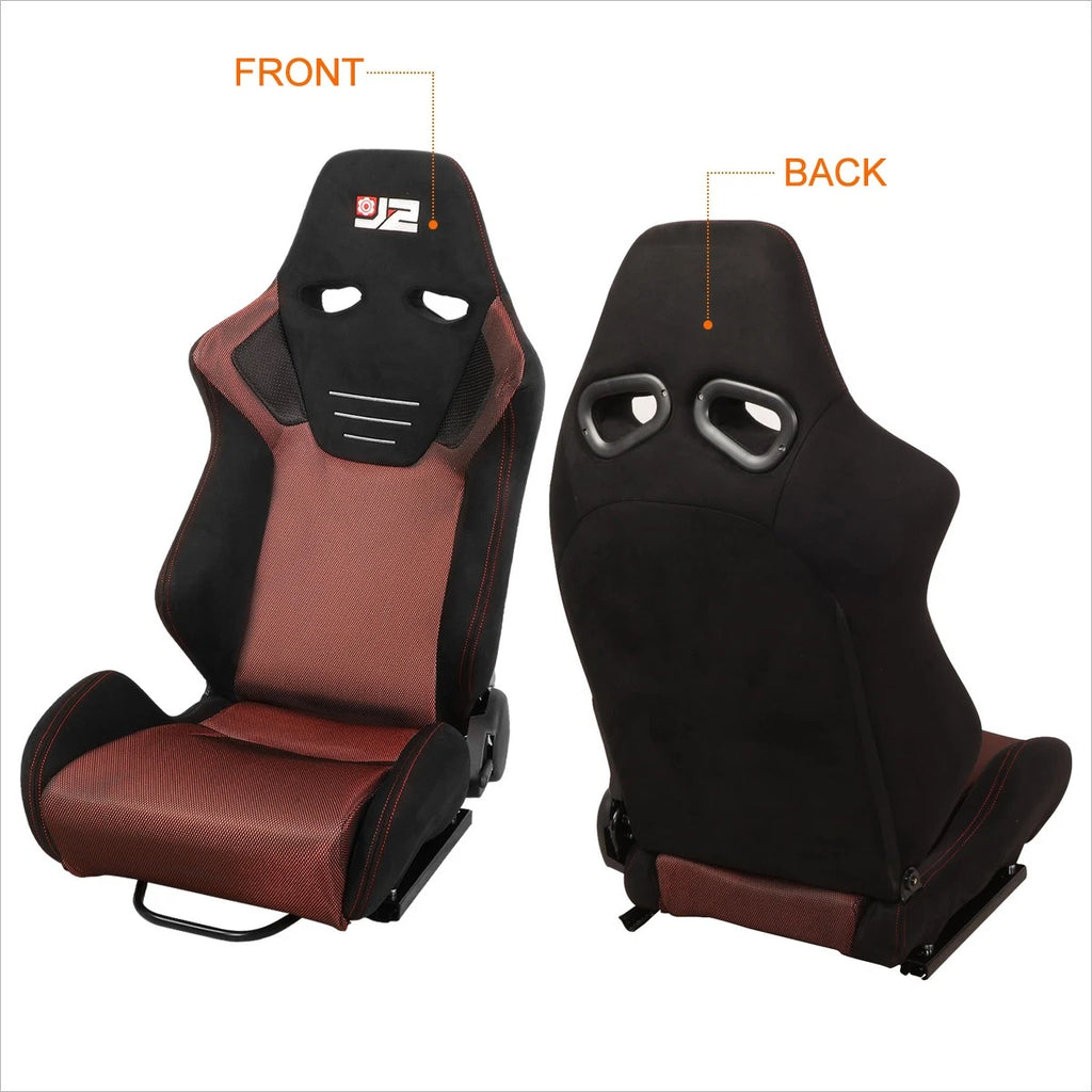 2X Reclinable Racing Bucket Seat with Sliders for Universal Fit (Mesh, Red Stitching)