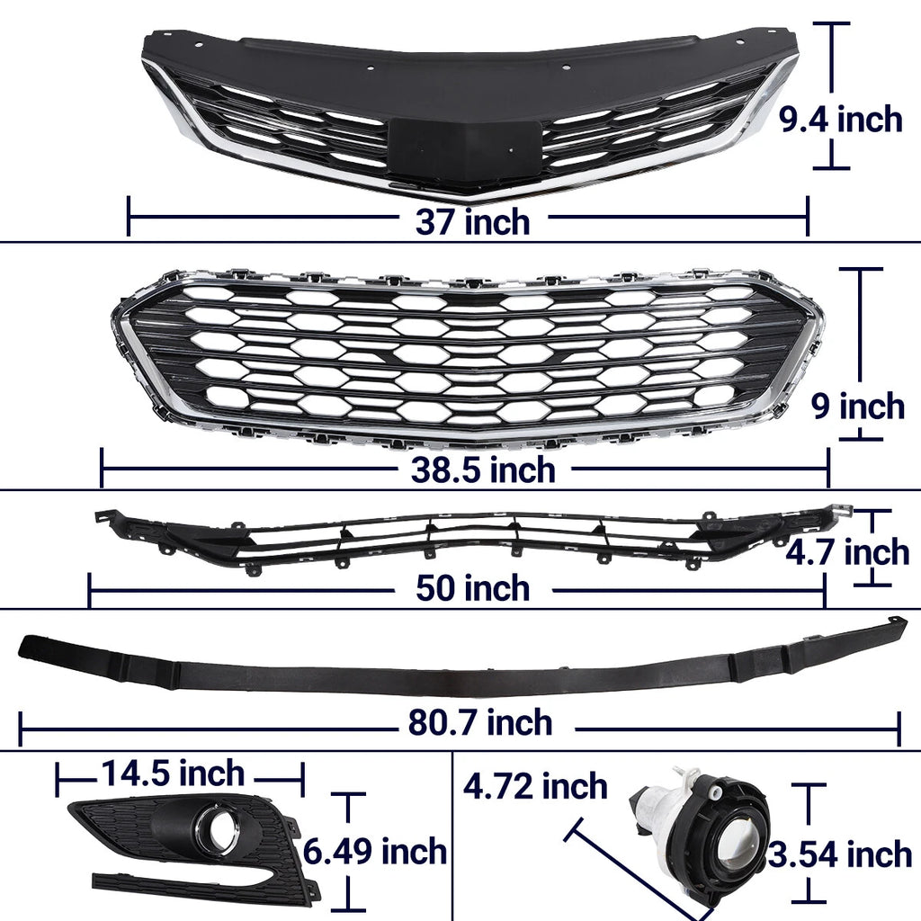 Set of 8 Front Grille Fog Lights & Air Deflector for Chevrolet Cruze (2016–2018)