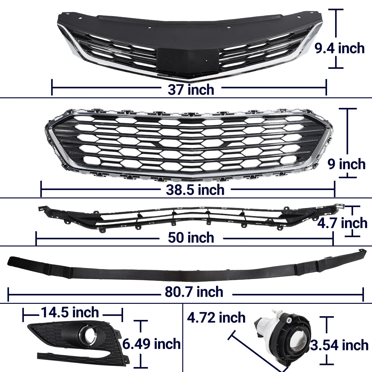 Set of 8 Front Grille Fog Lights & Air Deflector for Chevrolet Cruze (2016–2018)