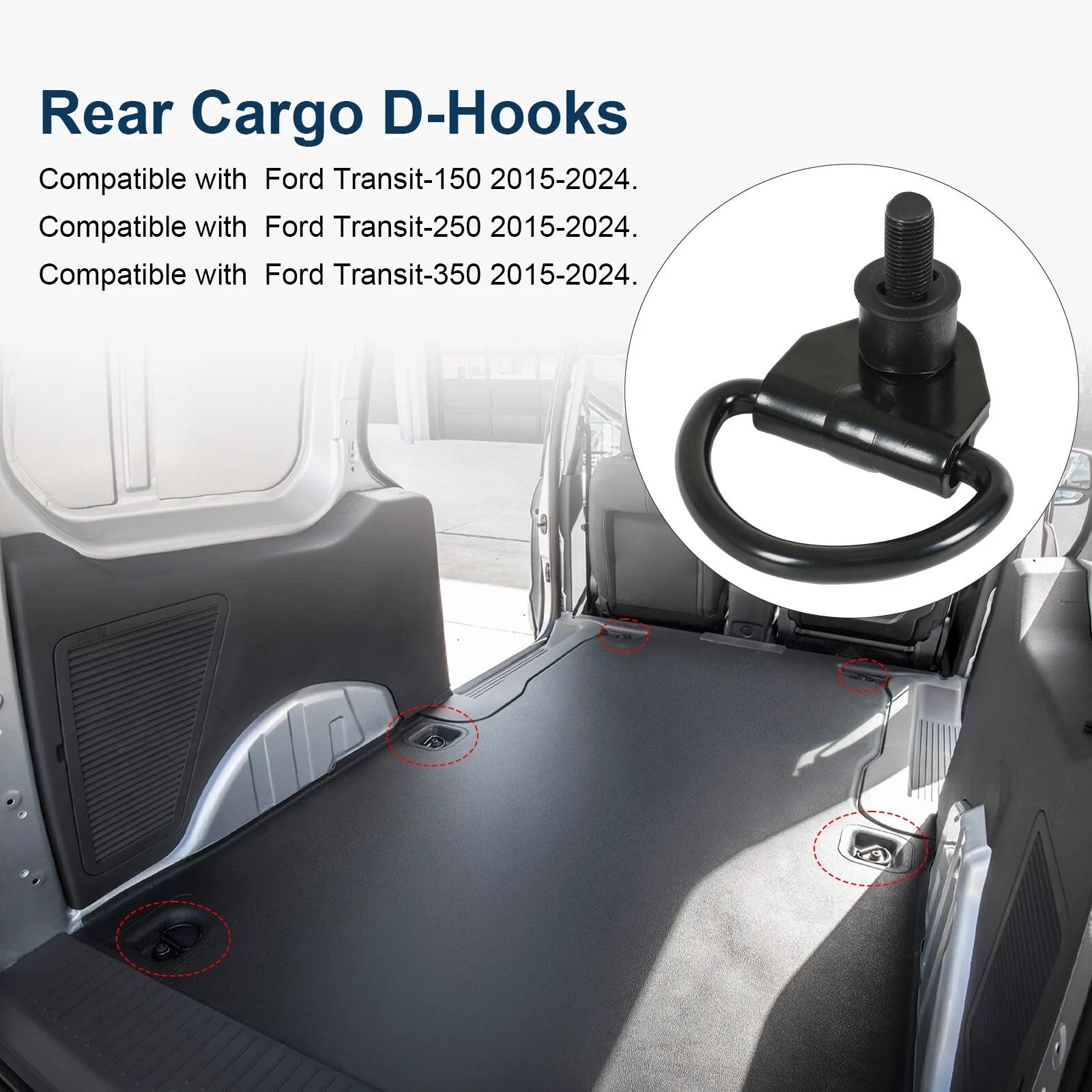 Set of 6 Black Cargo D-Hooks for Ford Transit 150 250 350 (2015–2023)