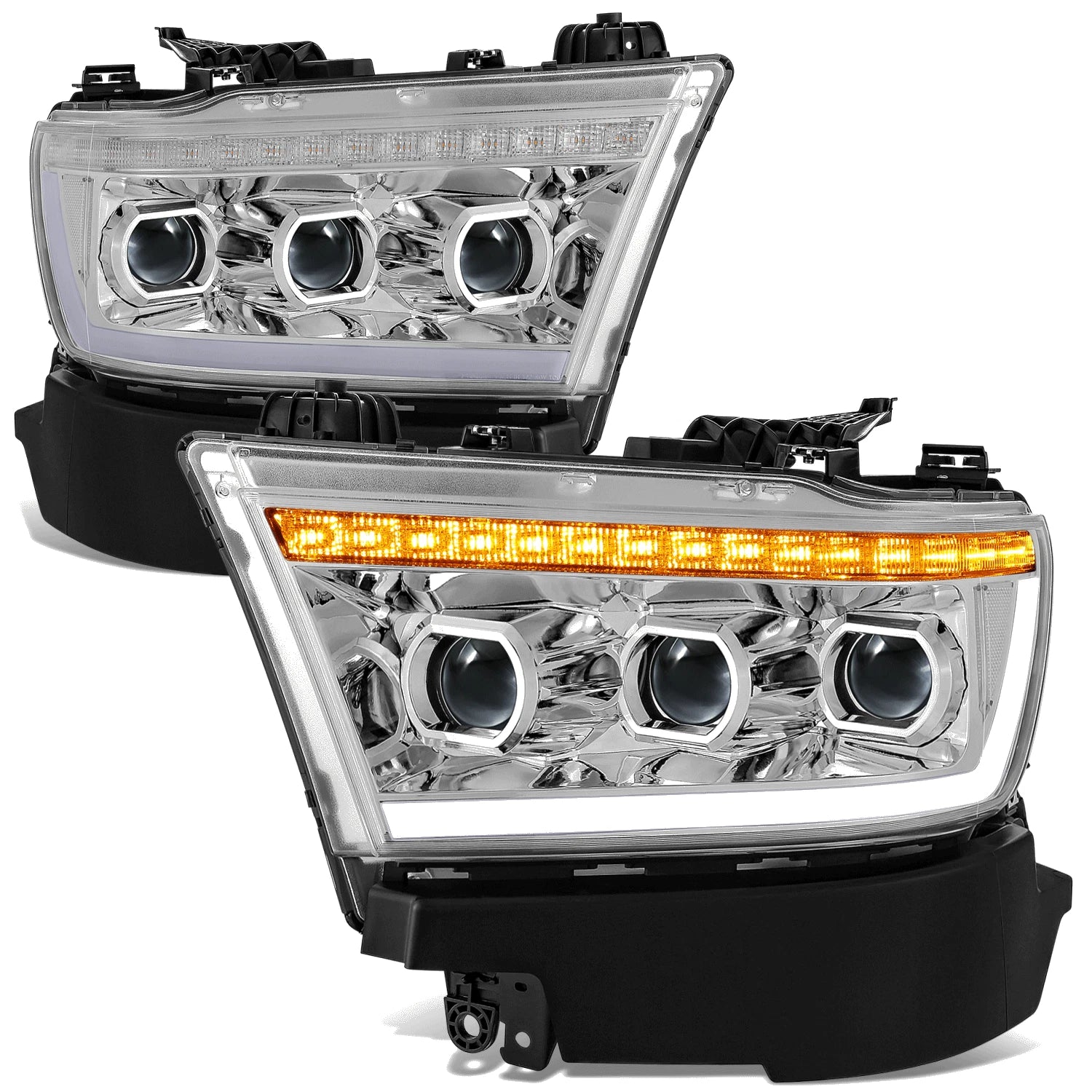 Sequential Tri-Projector Chrome Clear LED Headlight Lamps for Ram 1500 (2019–2024)