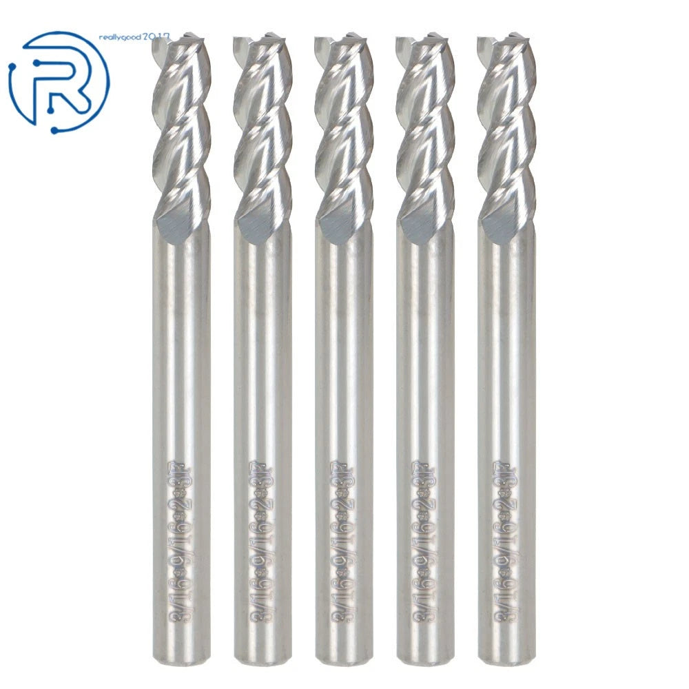 Set of 5 Carbide End Mills for Various Applications (3/16" Flute, 2" Length)