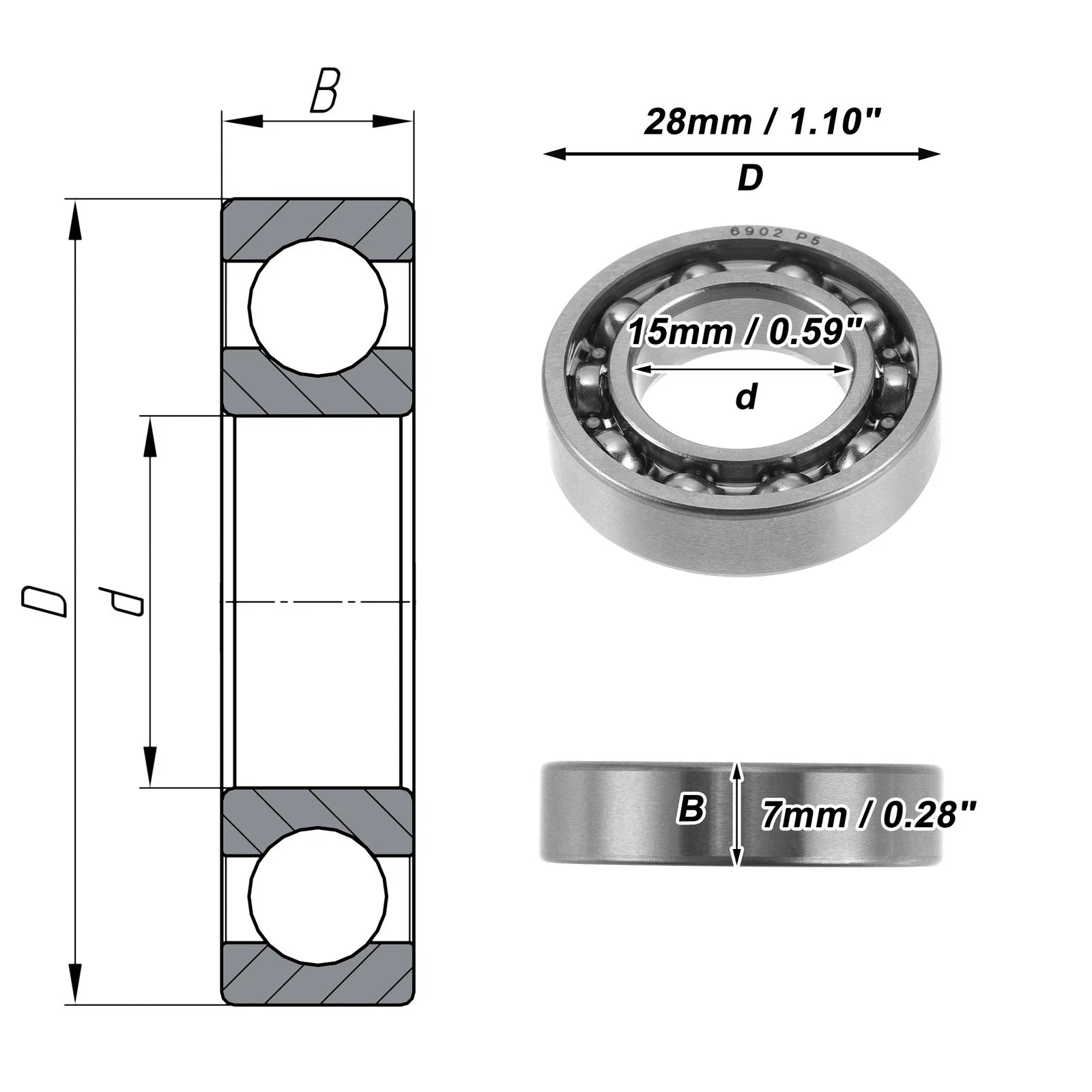 6902 Deep Groove Ball Bearing for Scooter Skateboard Wheel (P5, 15x28x7mm)