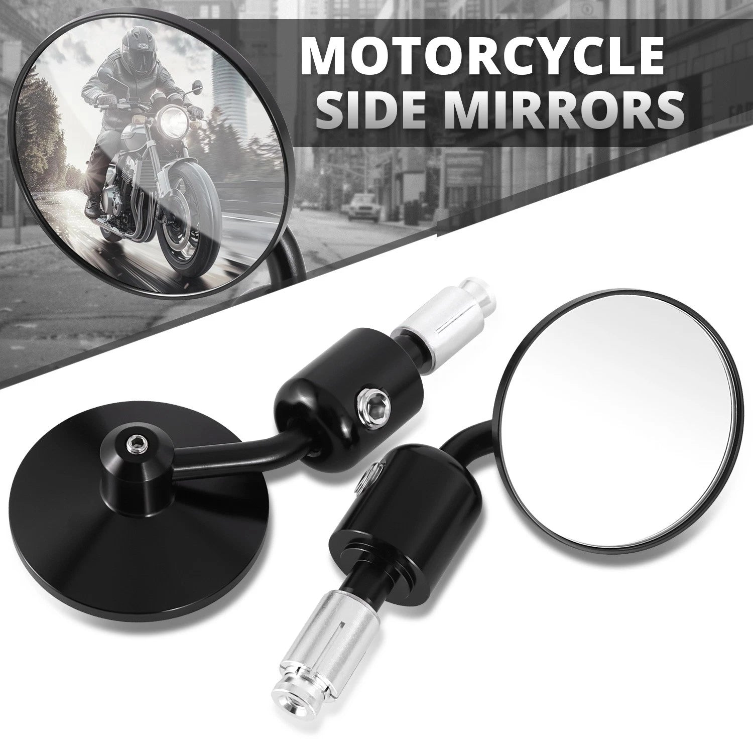 Universal Black Round Anti-Glare Bar-End Sideview Mirrors for Naked Bikes