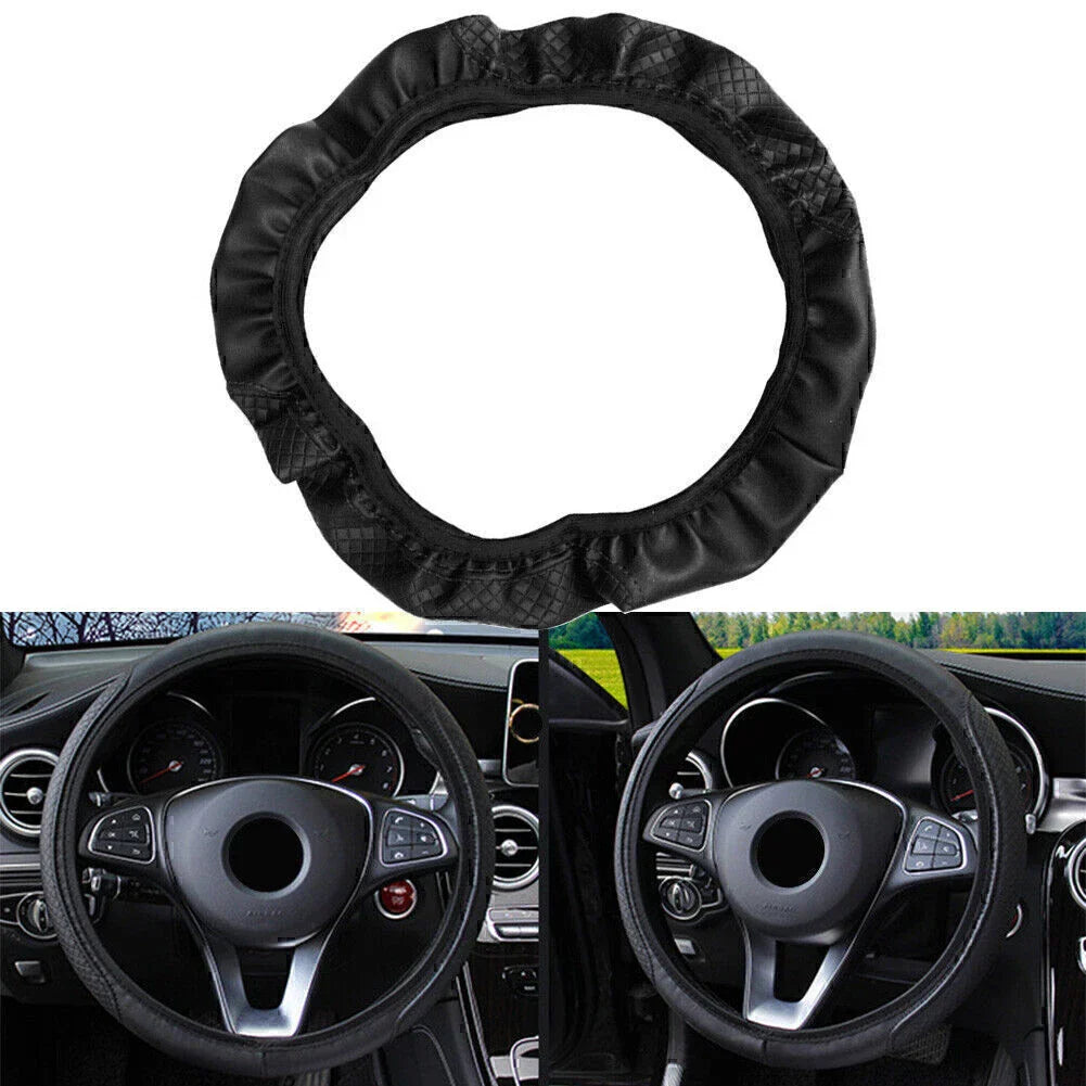 15"/37-38CM PU Leather Steering Wheel Cover for Car - Black (2015-2023)