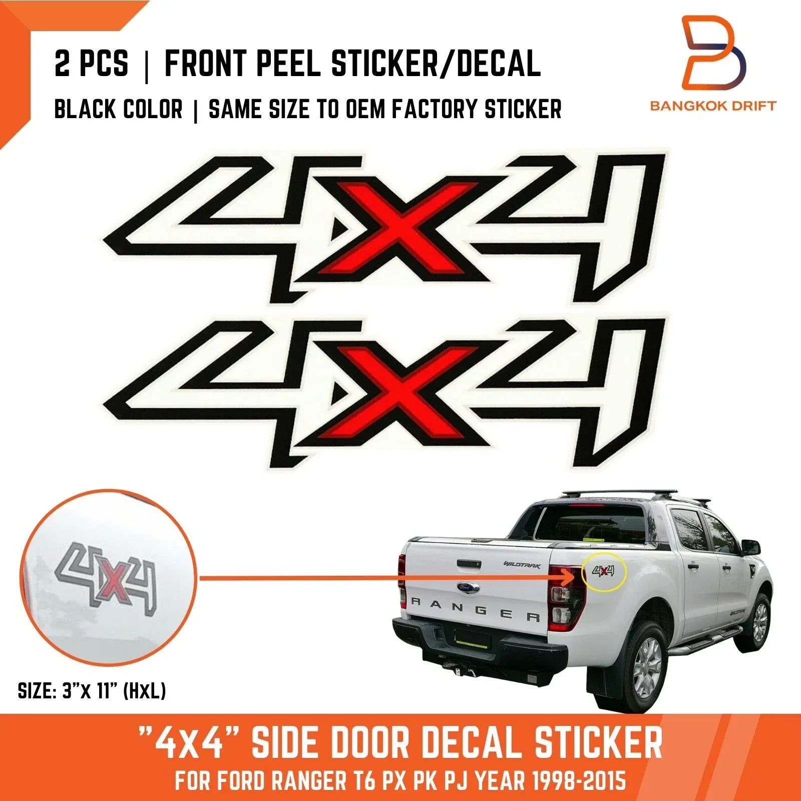 Black 4x4 Side Rear Decal Sticker for Ford Ranger PX PJ PK Wildtrak XLT (98-15)