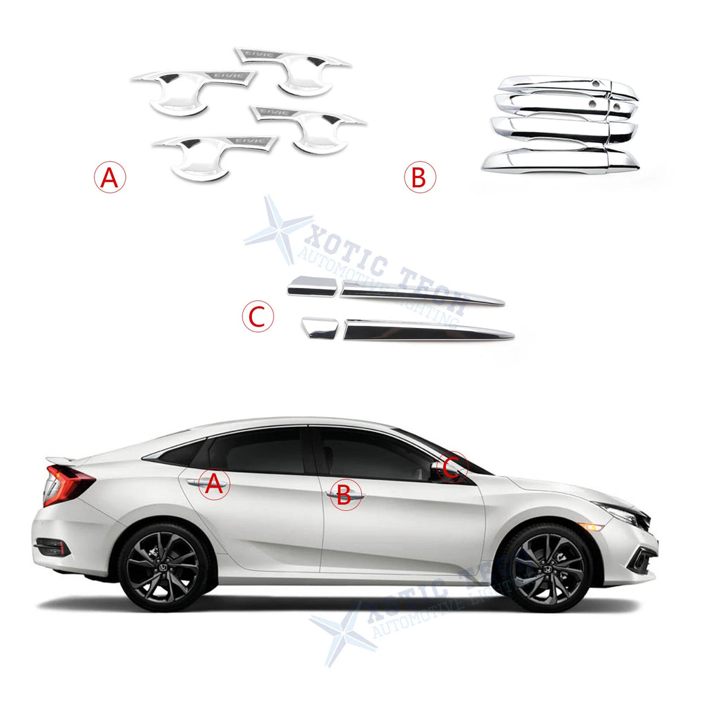 Chrome Keyless Door Handle Bowl and Side Mirror Stripe Cover for Civic (2016–2021)