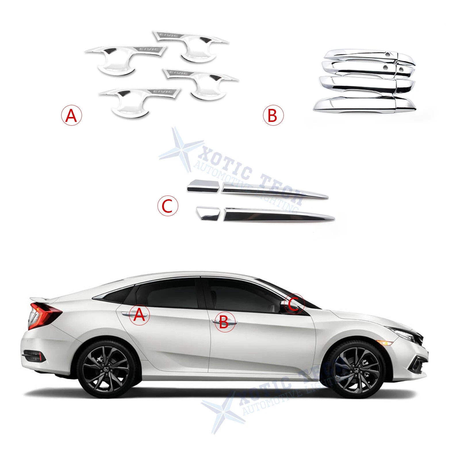 Chrome Keyless Door Handle Bowl and Side Mirror Stripe Cover for Civic (2016–2021)