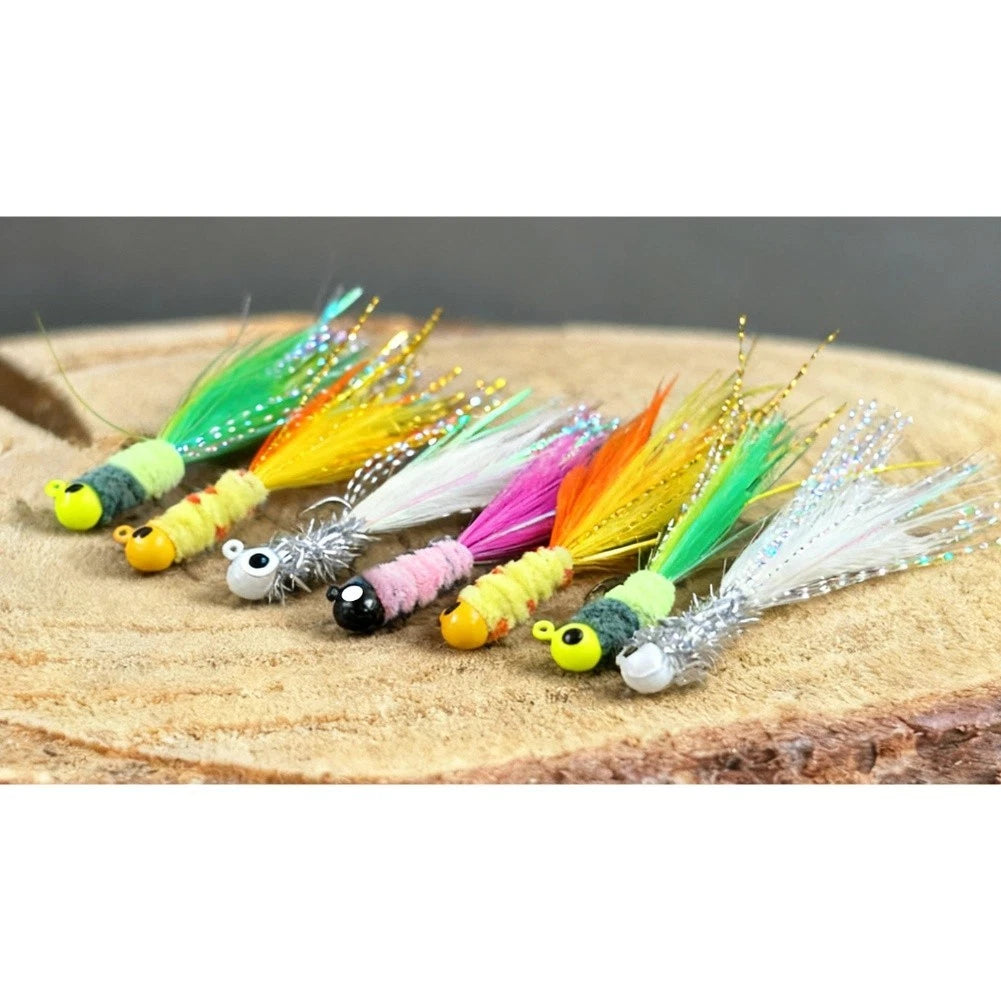 12pcs Jig Head Fishing Lures with Feathered Tail and 3D Eyes