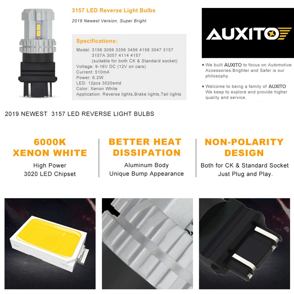 2X AUXITO 3157 3156 LED 3020-SMD 6000K White Backup Tail Reverse Light Bulbs