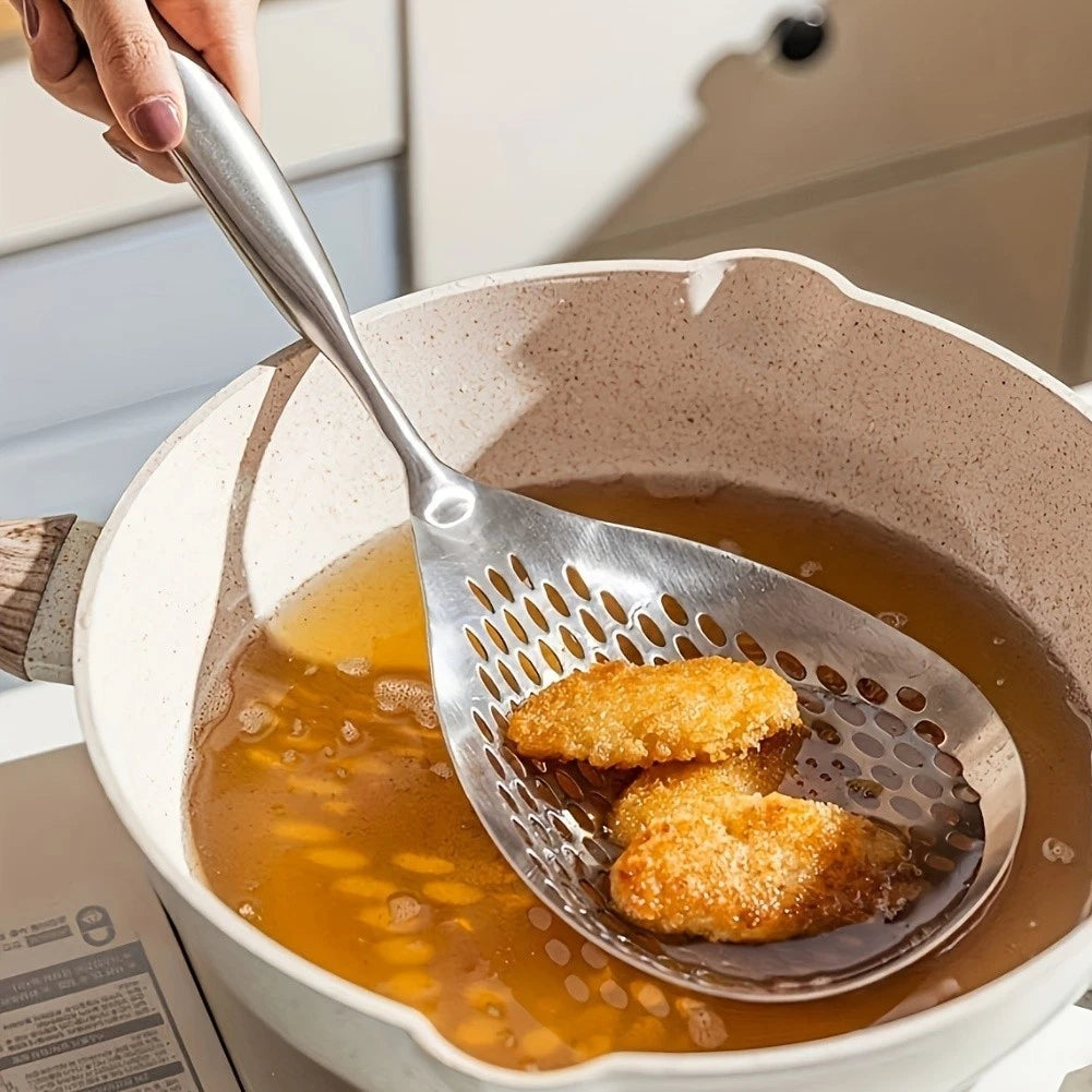 Stainless Steel Skimmer with Ergonomic Wooden Handle for Frying & Pasta