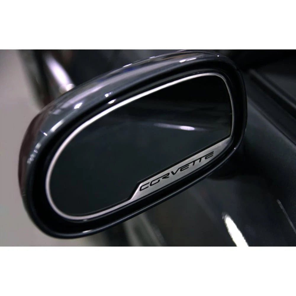 Brushed Stainless Side View Mirror Trim w/'Corvette' for 2010-13 Chevy Corvette