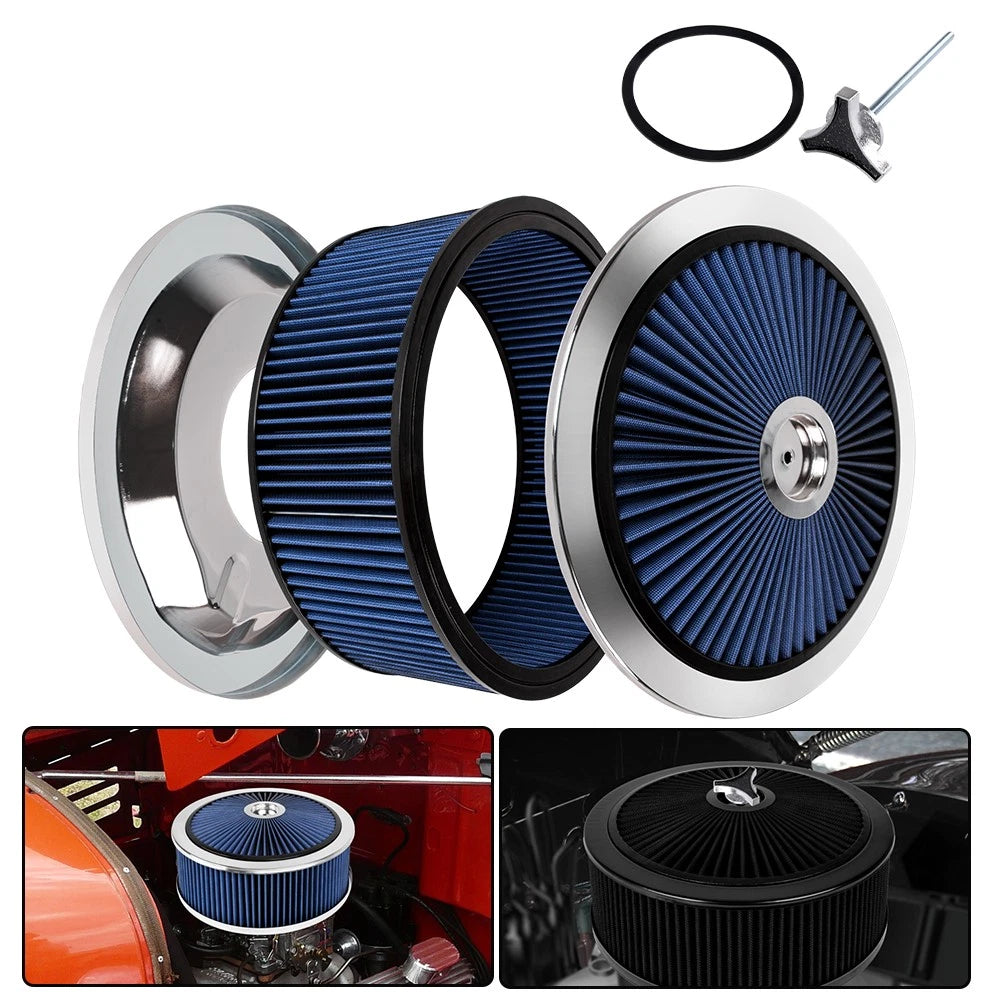 14" Blue Round Deep Dish Air Cleaner Kit for Universal Vehicles (Fits Most)