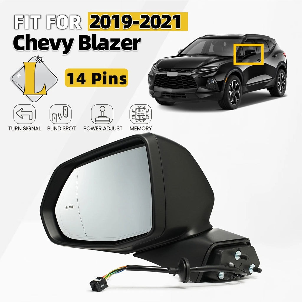 Left Side Mirror for Chevy Blazer (2019–2021) w/ BSD, Memory, Turn Signal, 14 Pins