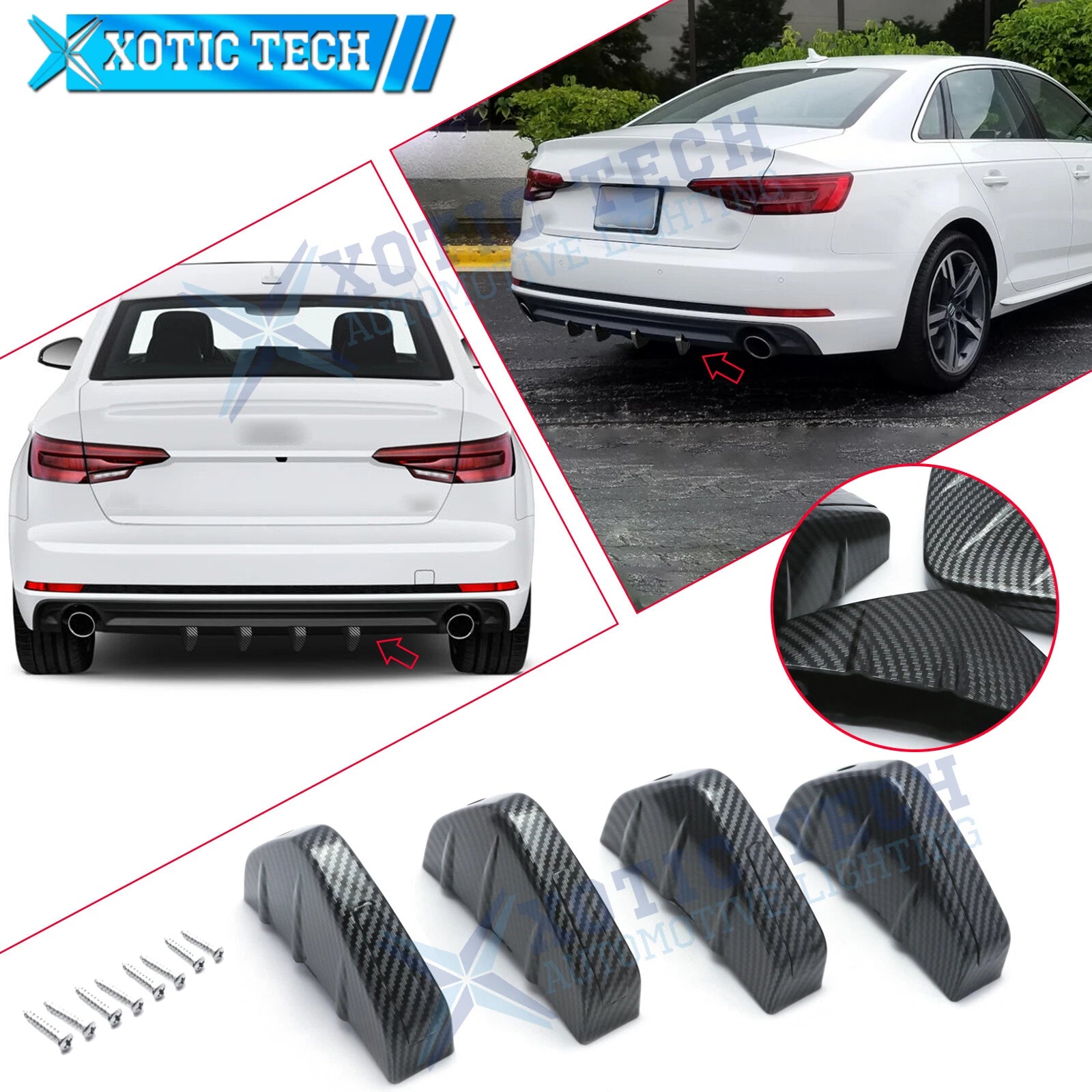 4x Carbon Fiber Pattern Shark Fin Rear Bumper Splitters for Audi A4 A3 A5 A6 (2010–2023)