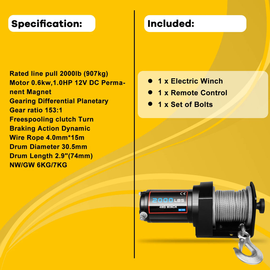 12V Electric Recovery Winch 2000LBS for Trailer Truck SUV