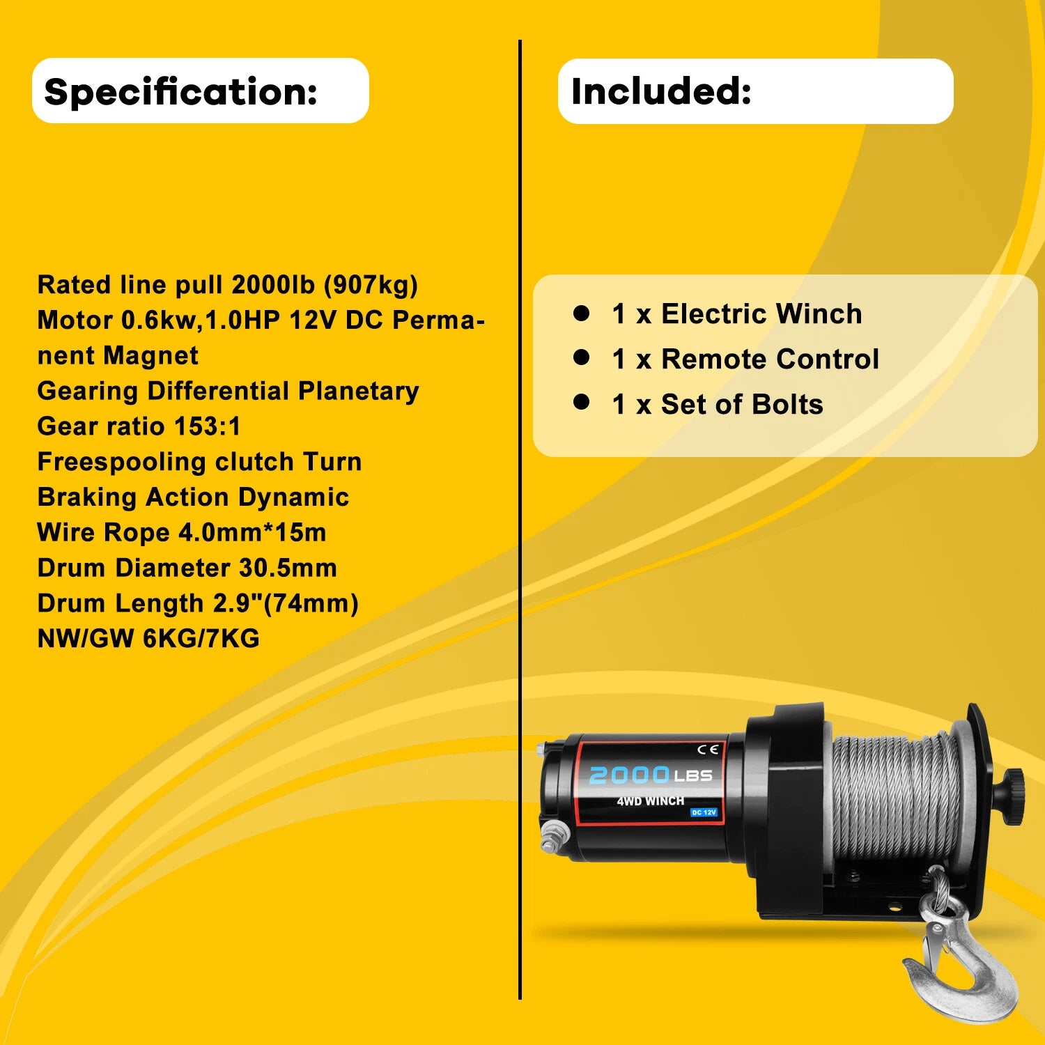 12V Electric Recovery Winch 2000LBS for Trailer Truck SUV