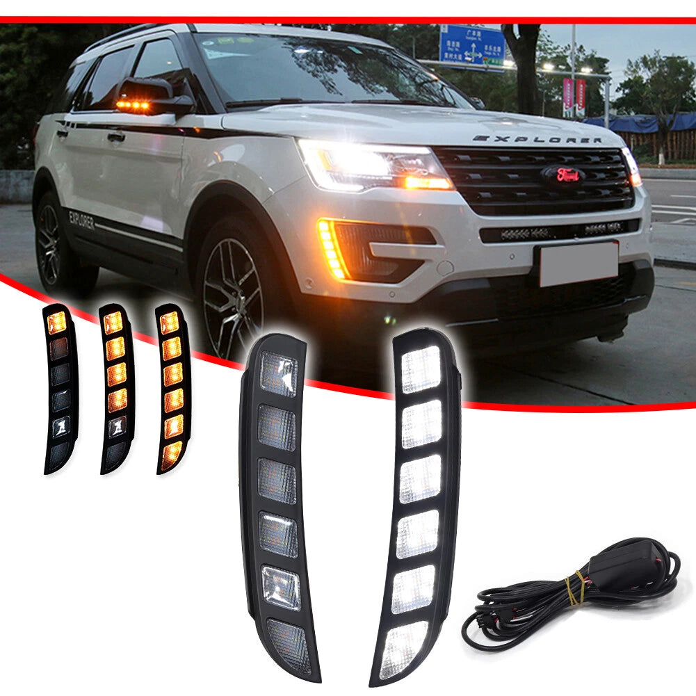 White DRL & Sequential Amber Signal LED Light for Ford Explorer (2016–2019)