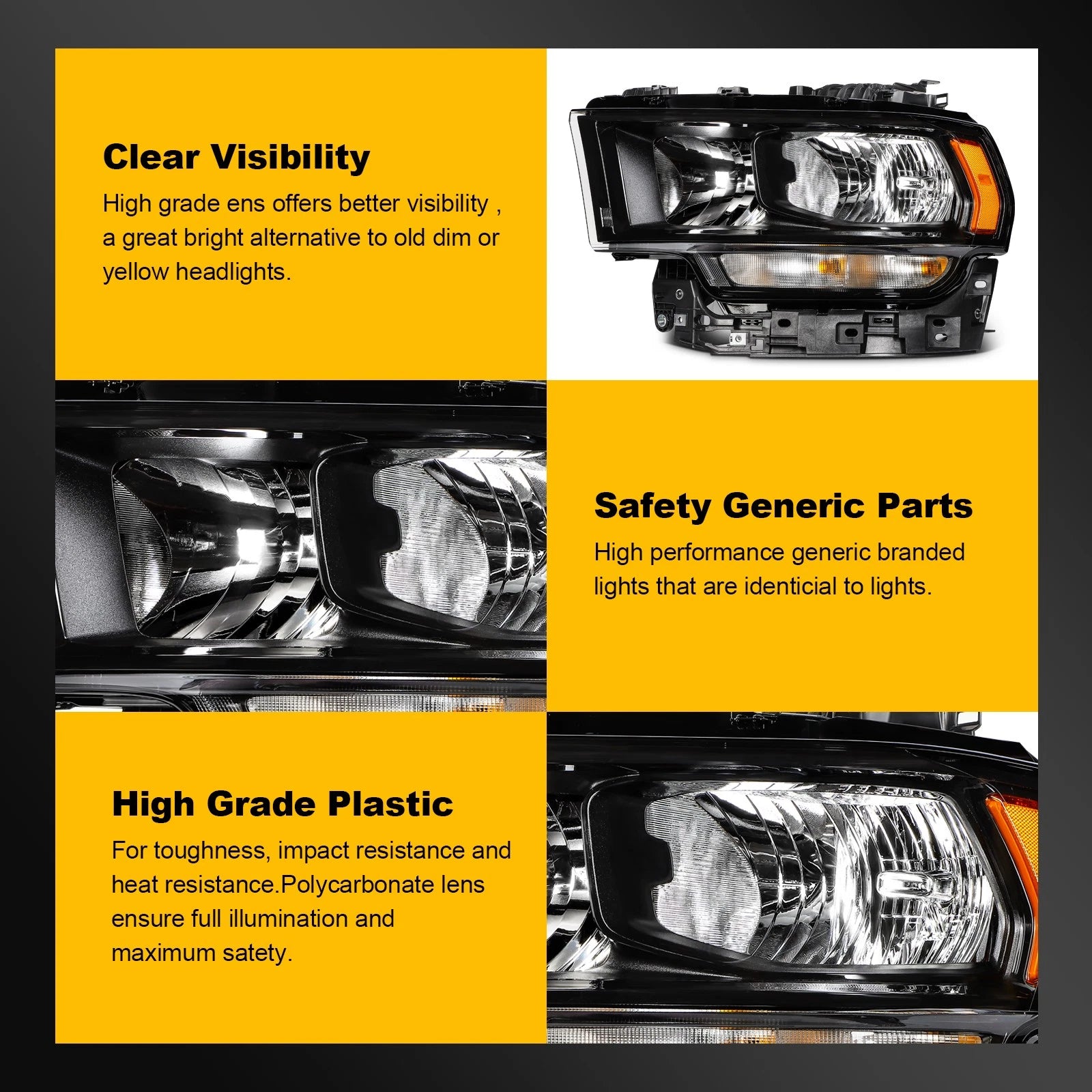 Pair Headlights with Bulbs for Ram 2500 3500 (2019–2024) Black Housing