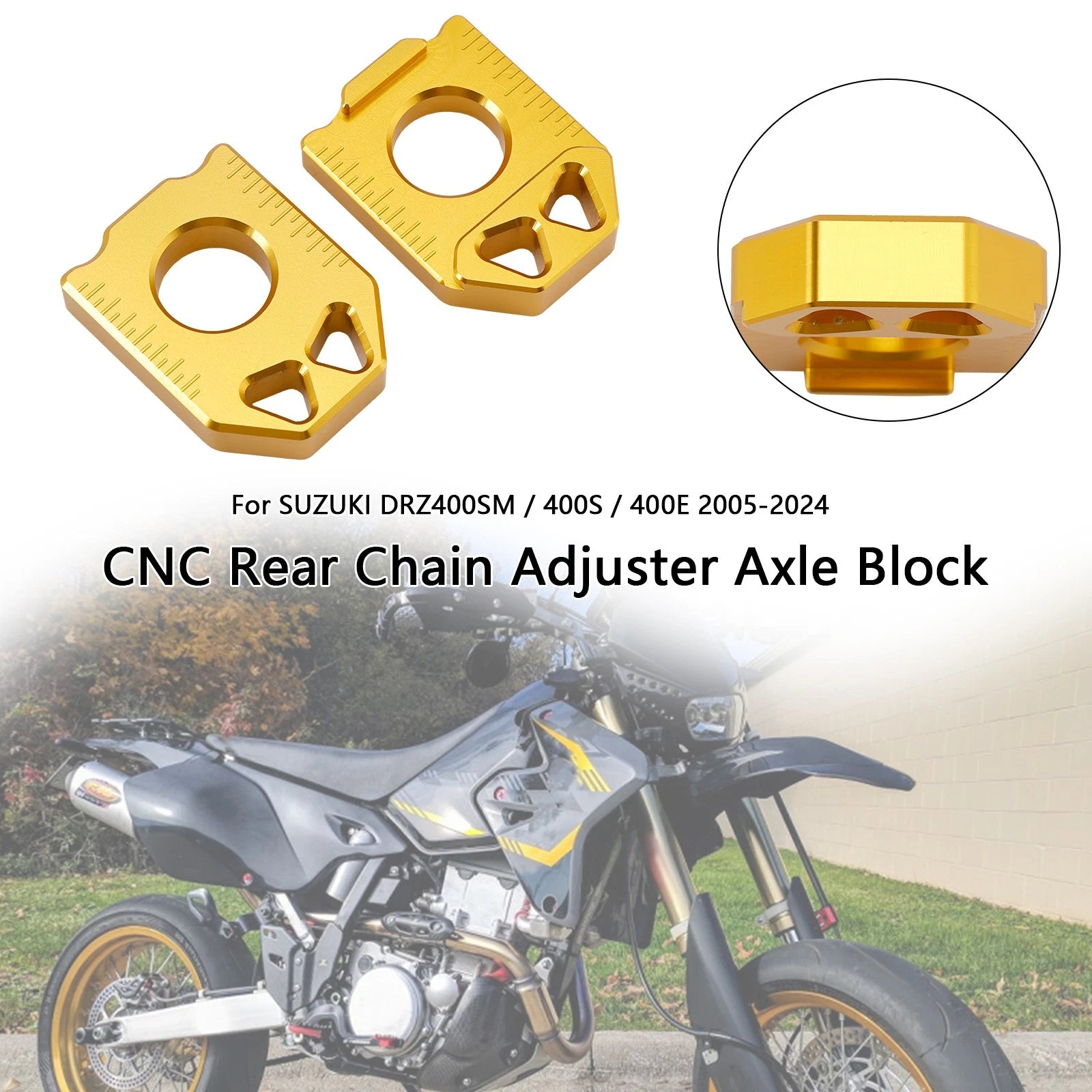 CNC Rear Chain Adjuster Axle Block for Suzuki DRZ400SM 400S 400E (2005–2024) Gold