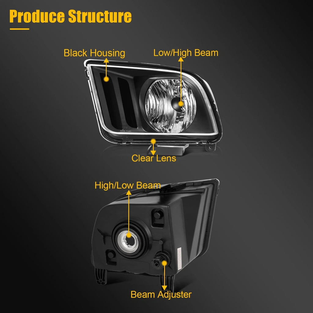 Set of 2 Black Housing Headlight Assemblies for Ford Mustang (2005–2009)