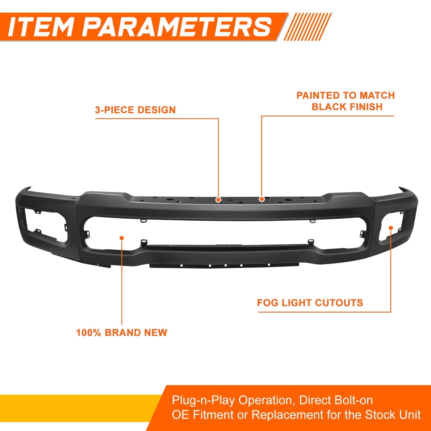 Front Bumper Face Bar for Ford F-250 F-350 SD (2023–2026) w/ Fog Light Holes Black