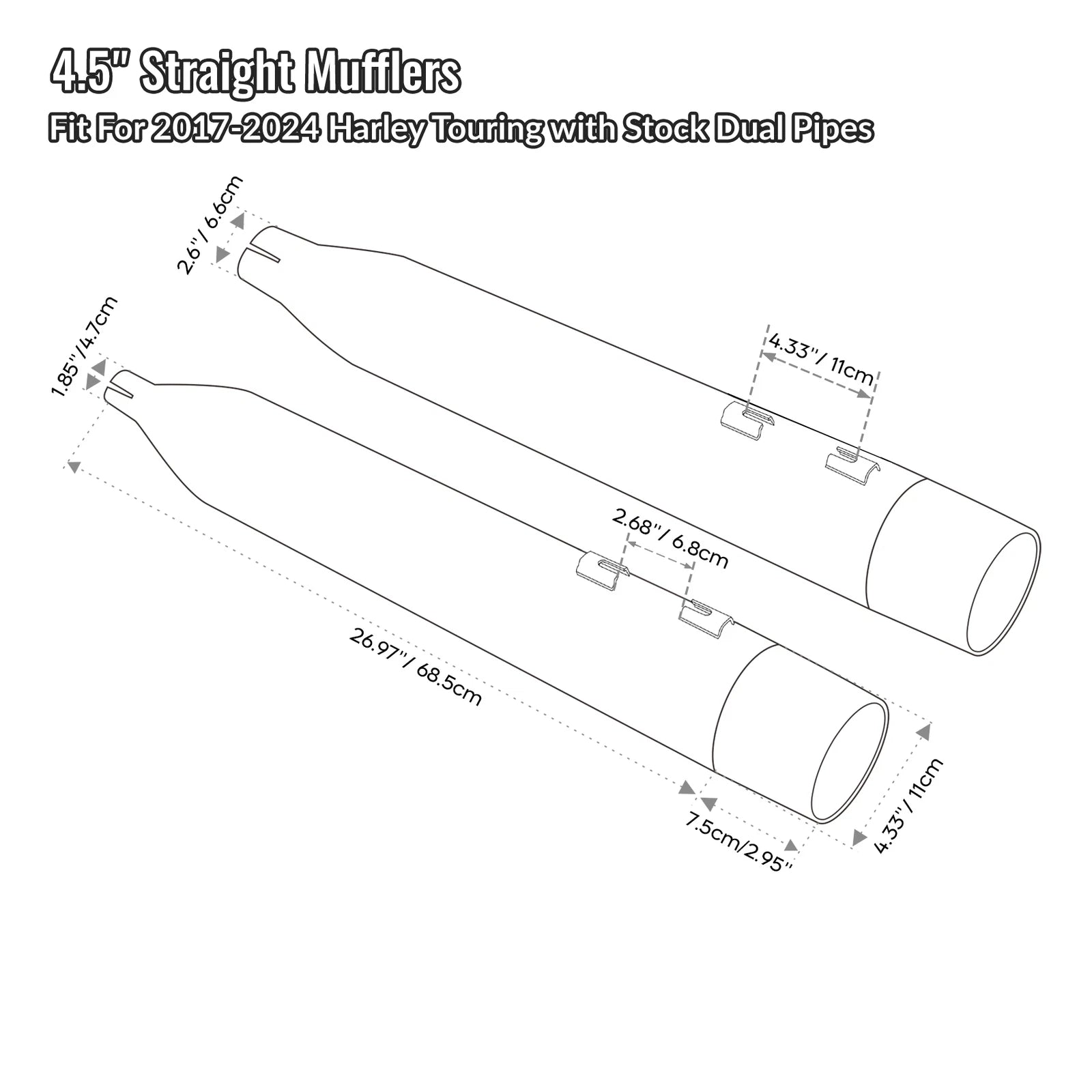 Set of 2 Megaphone Slip-On Exhaust Pipes for Harley Touring Electra Glide (2017–2025)