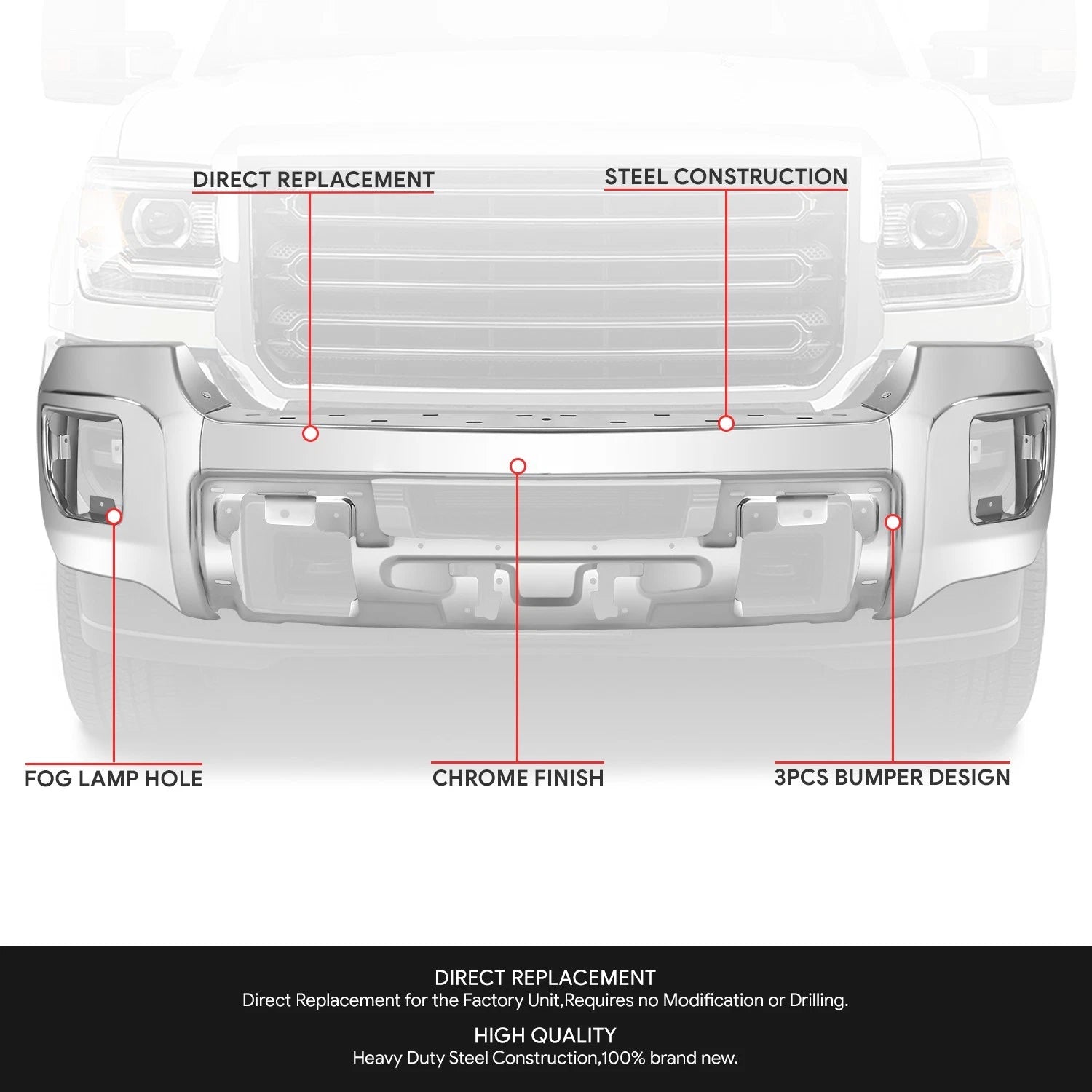 Chrome Front Bumper Face Bar for GMC Sierra 2500 3500 HD (2015–2019)