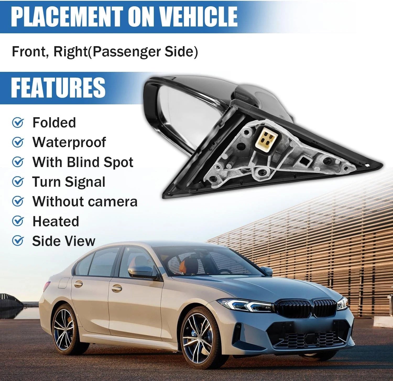 Passenger Side Mirror for BMW 320i 330i 330e (2019–2023) w/ Blind Spot