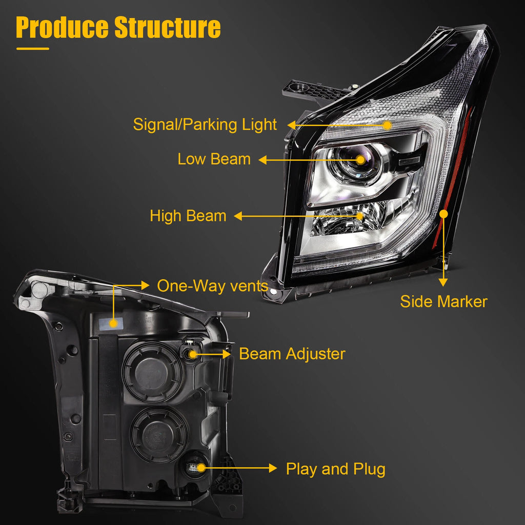 Pair Headlight Assembly for GMC Yukon (2015–2017) with Projector and Bulbs