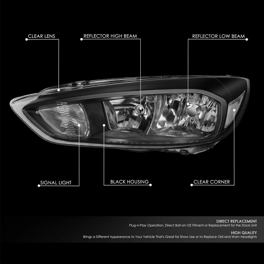 Pair of Black Housing Clear Side Headlights for Ford Focus (2015–2018)
