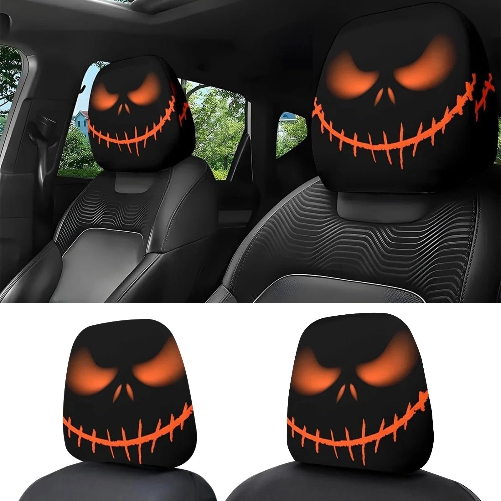 Front Seat Headrest Cover for Universal Halloween Scary Jack-O'-Lantern (—–—)