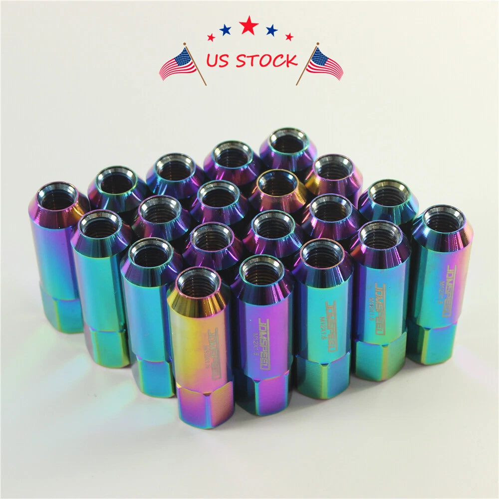Set of 20 Neo Chrome Spiked Extended Tuner Lug Nuts for Wheels 60mm
